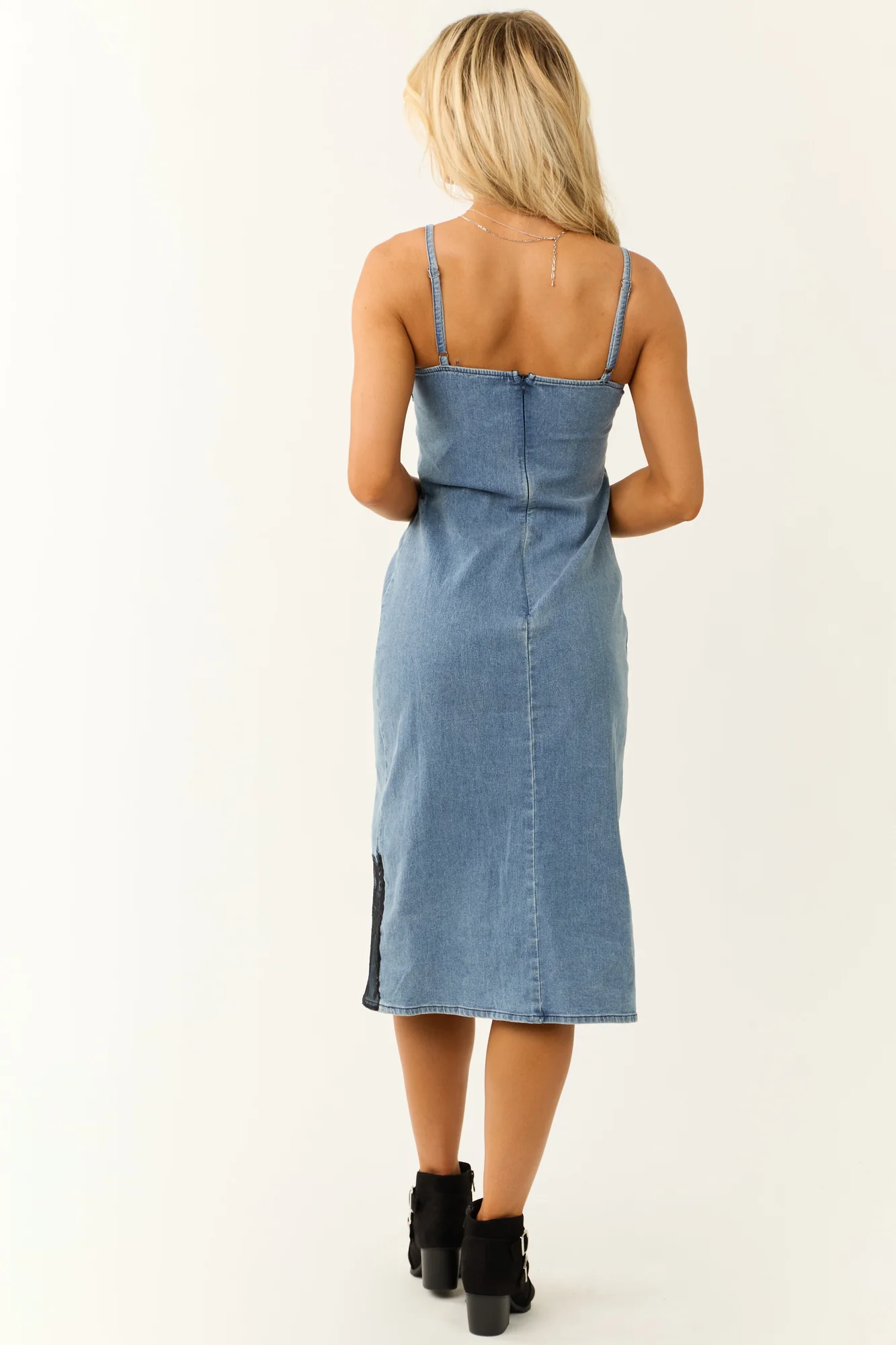Blue Denim Lace Trim Midi Dress