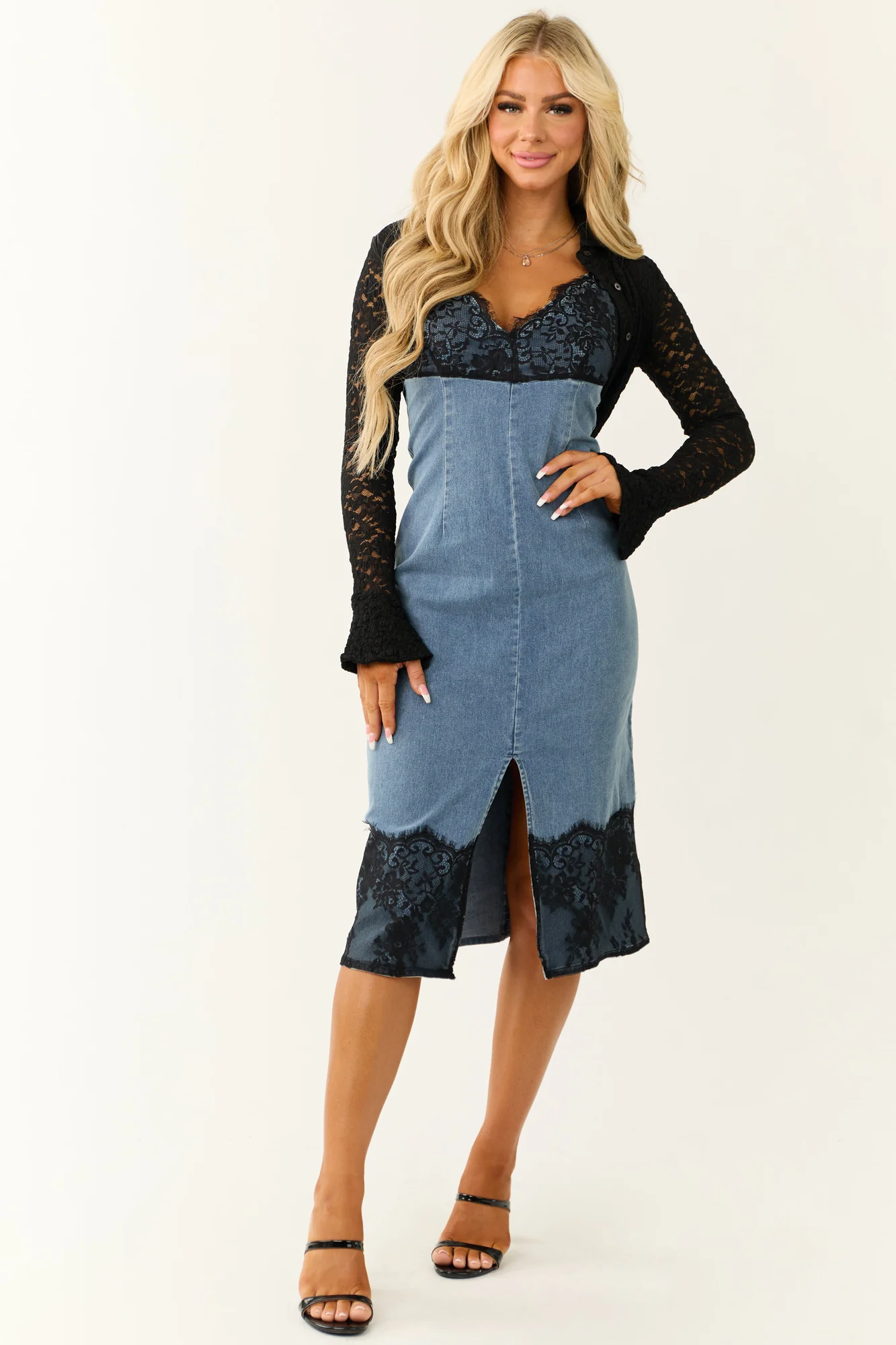 Blue Denim Lace Trim Midi Dress