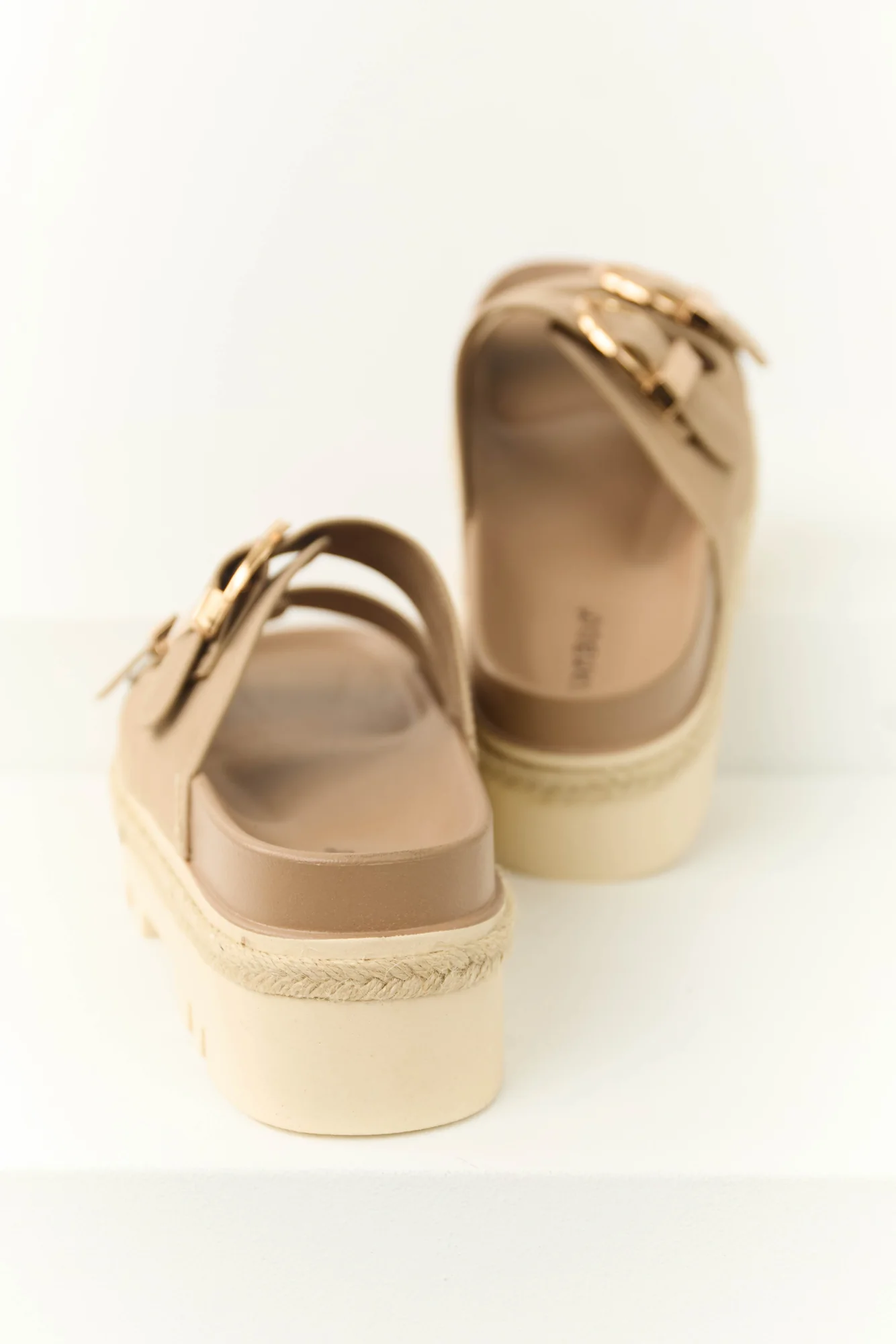 Taupe Platform Sandals with Gold Buckle Details