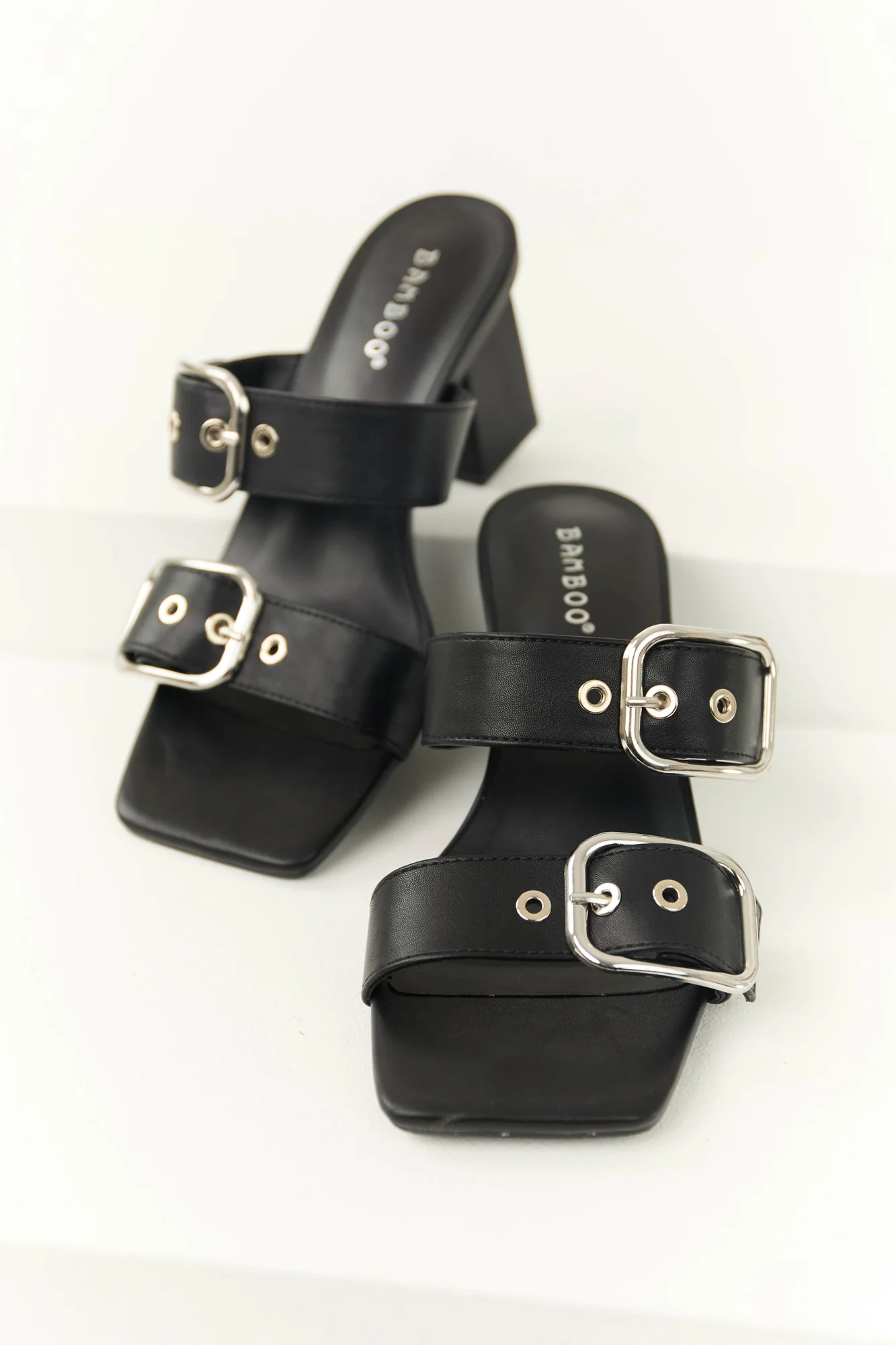 Black Open Toed Buckle Strap Heels - Elegant Slip-On Block Heels