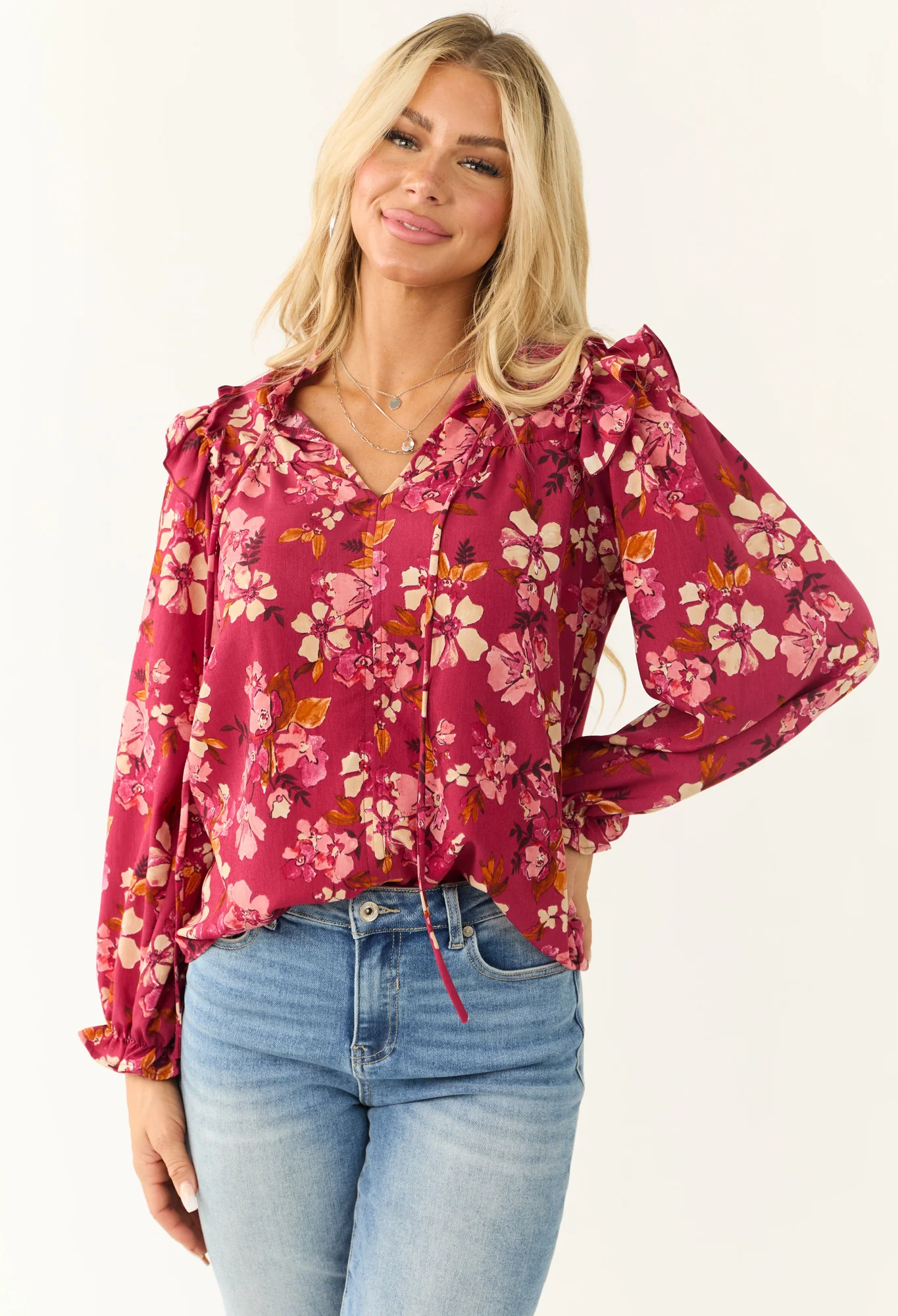 Floral Print V-Neck Long Sleeve Blouse