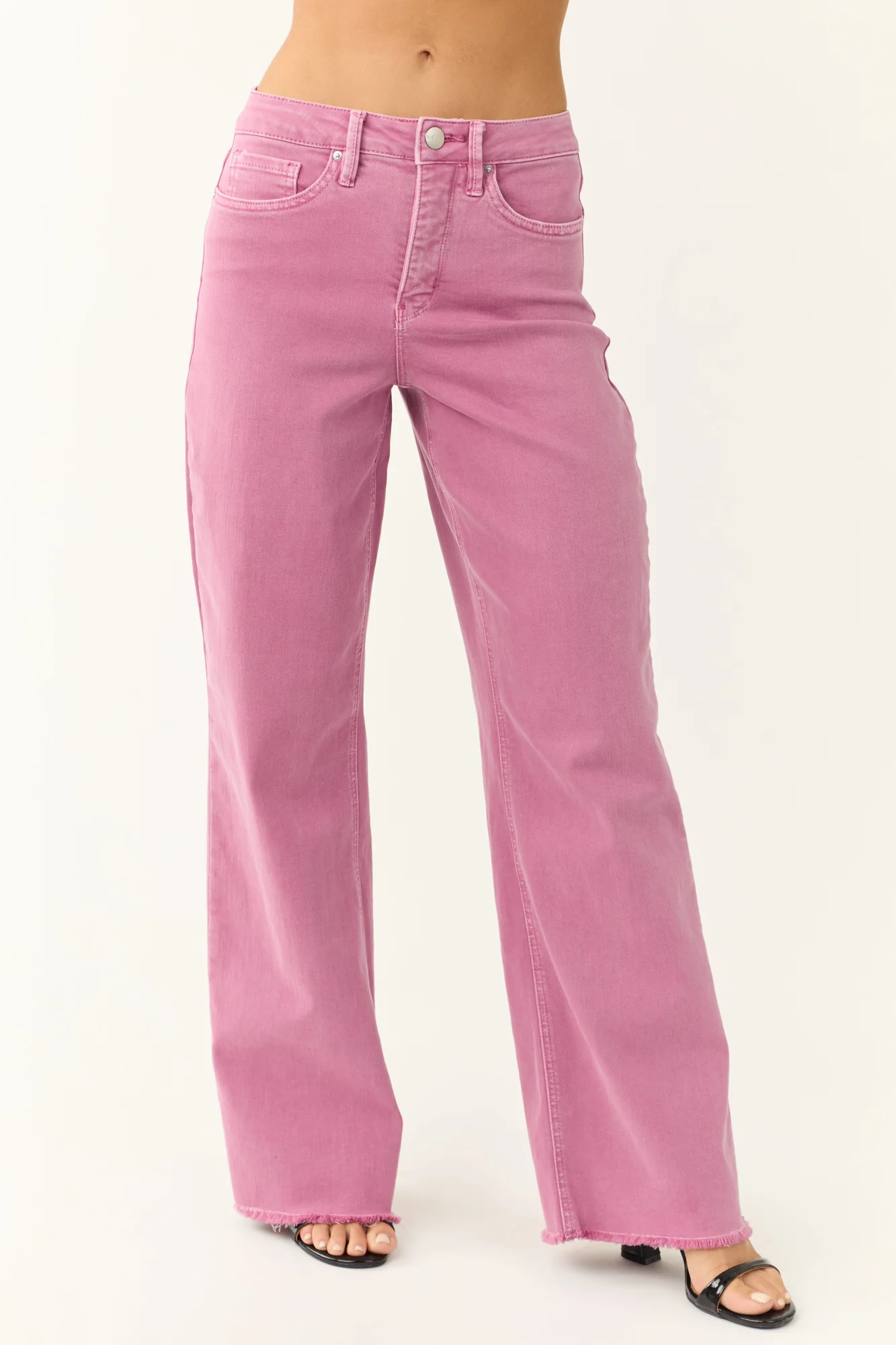 Orchid Wide Leg Frayed Hem Jeans in Purple Cotton Denim