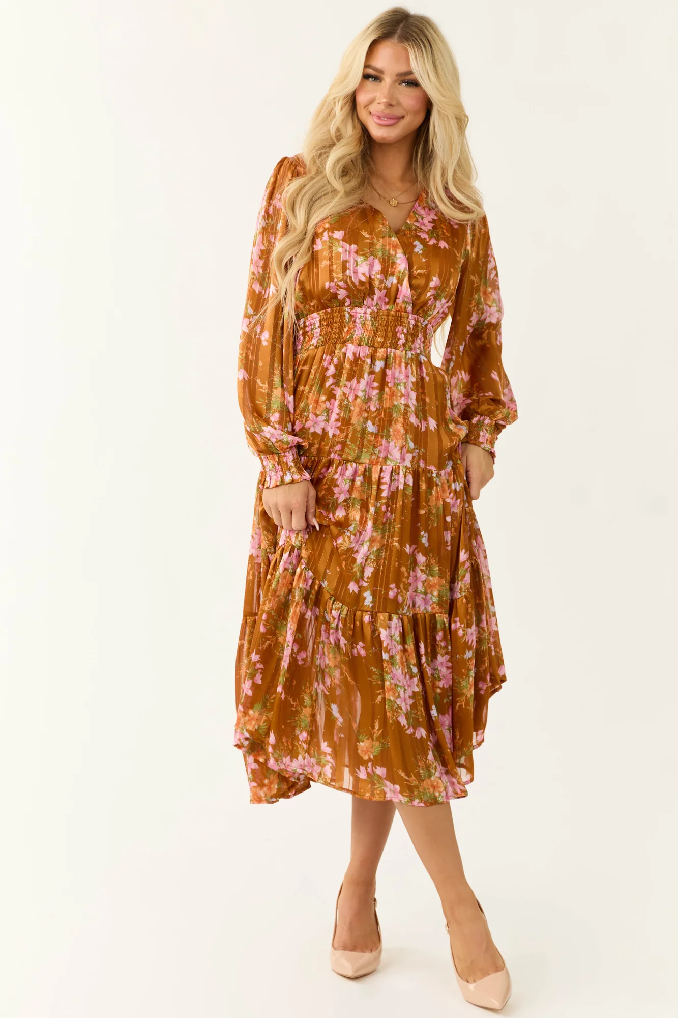 Floral Print Tiered Satin Midi Dress in Sedona and Pink