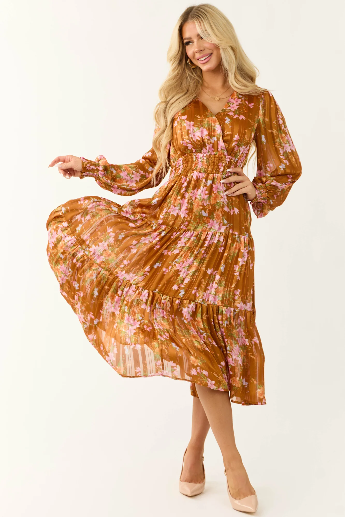 Floral Print Tiered Satin Midi Dress in Sedona and Pink