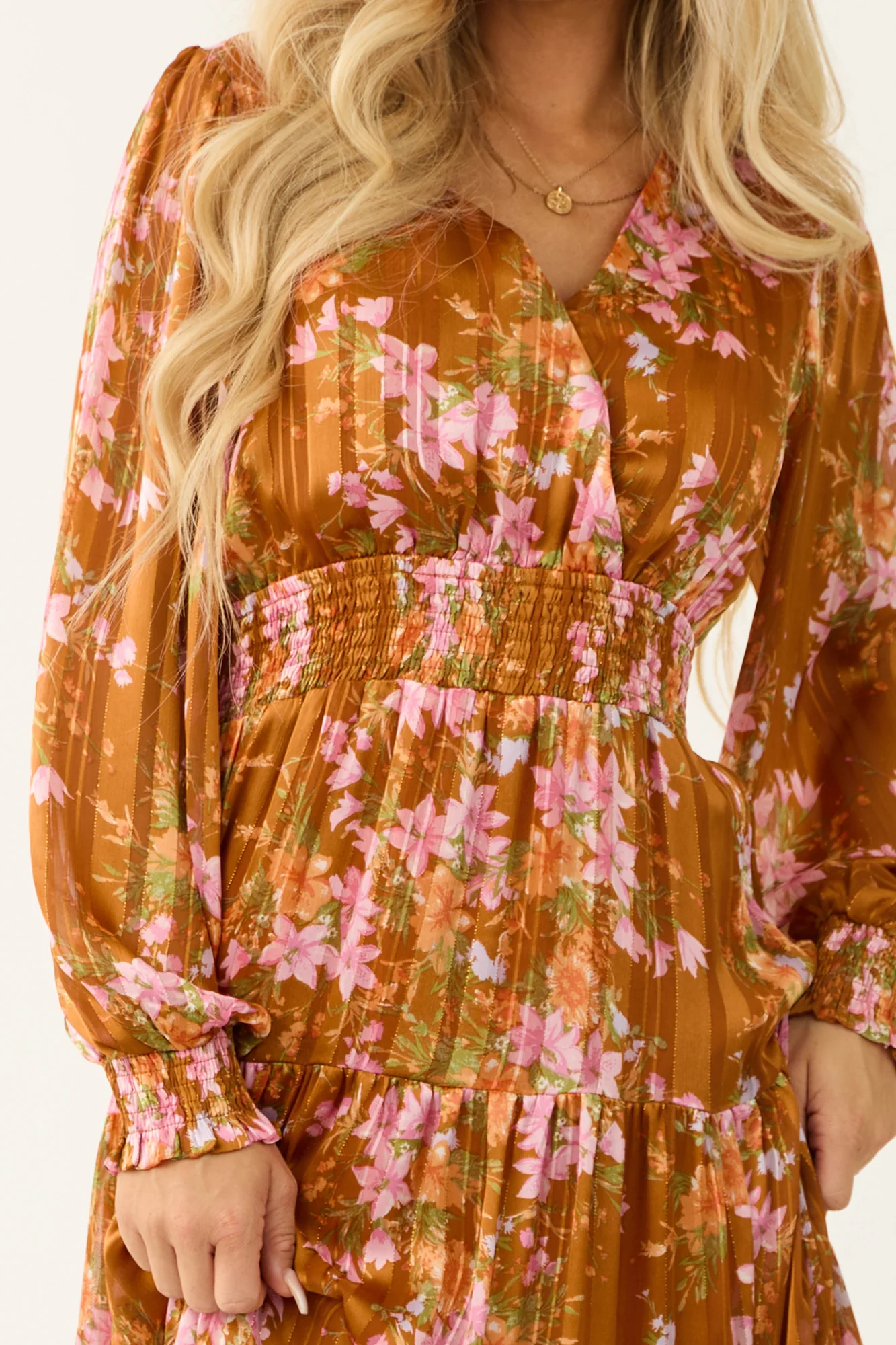 Floral Print Tiered Satin Midi Dress in Sedona and Pink