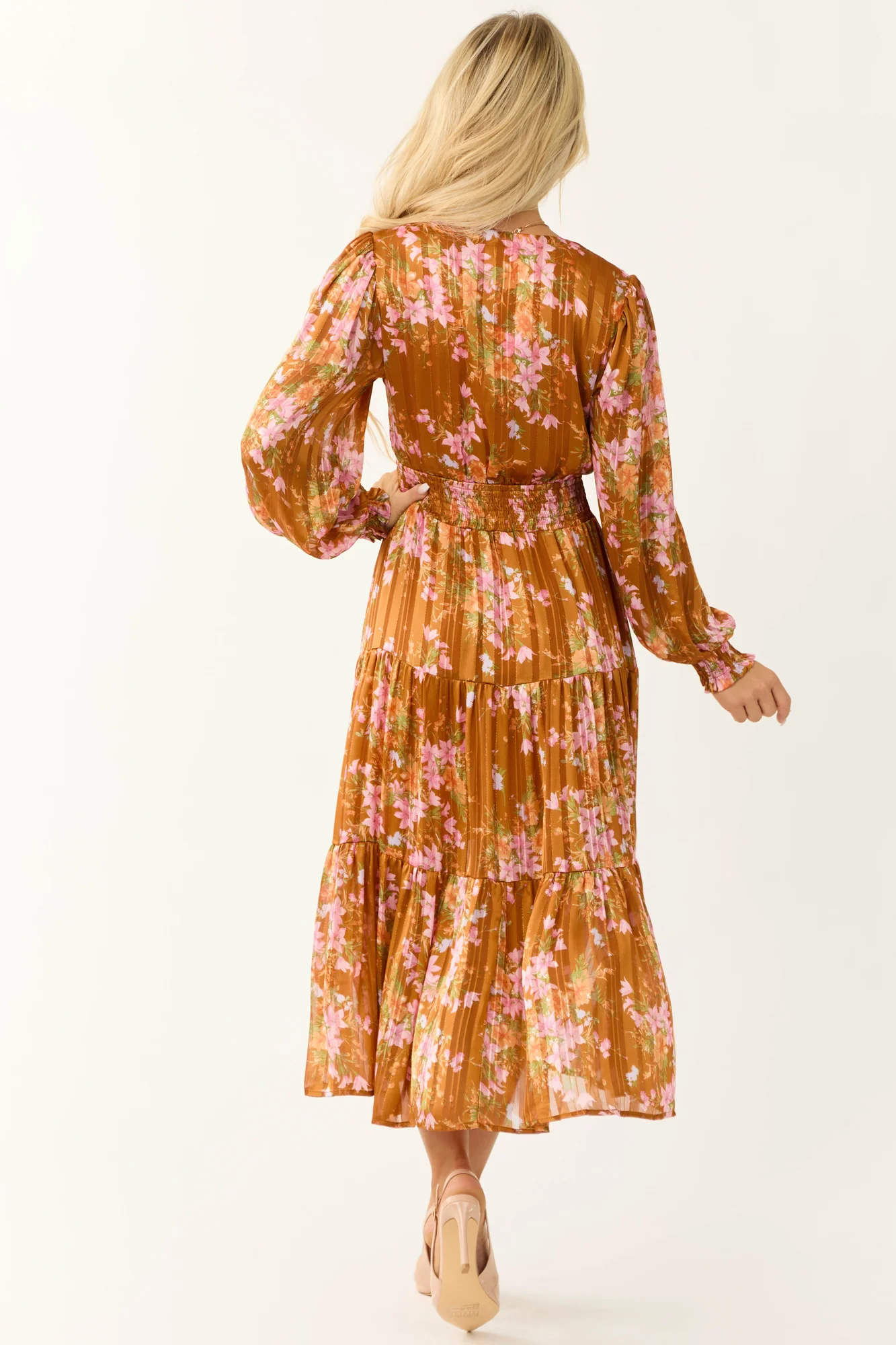 Floral Print Tiered Satin Midi Dress in Sedona and Pink