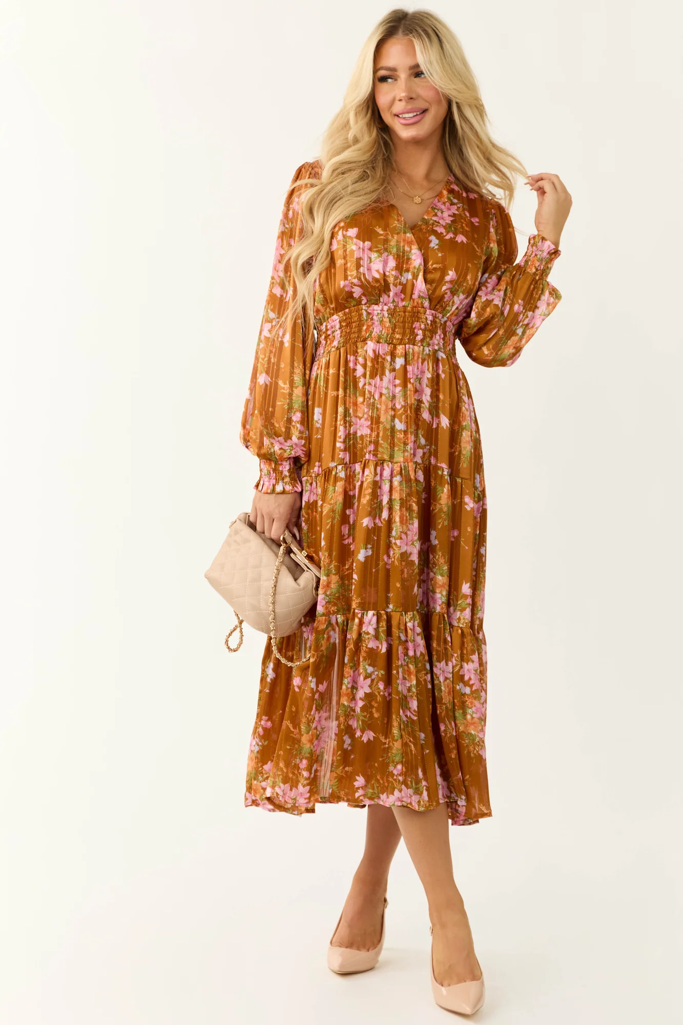 Floral Print Tiered Satin Midi Dress in Sedona and Pink