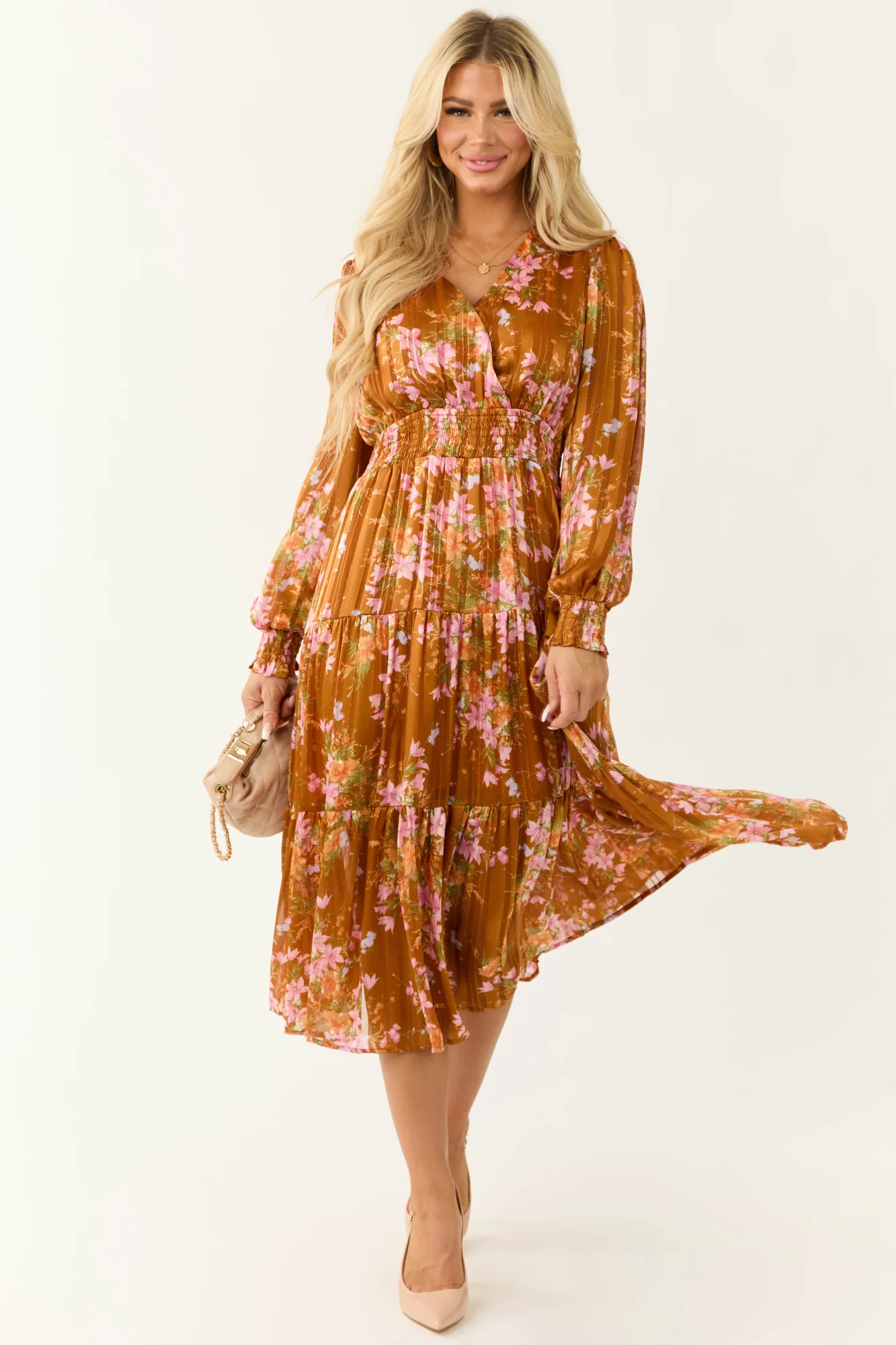 Floral Print Tiered Satin Midi Dress in Sedona and Pink