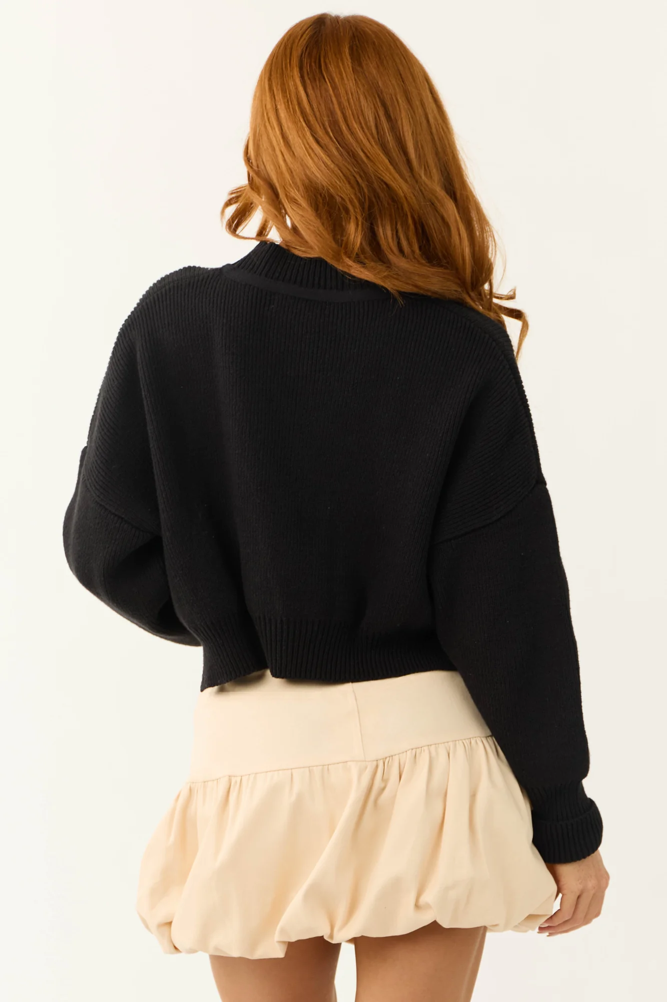 Black Ribbed Knit Cropped Sweater with Puff Long Sleeves