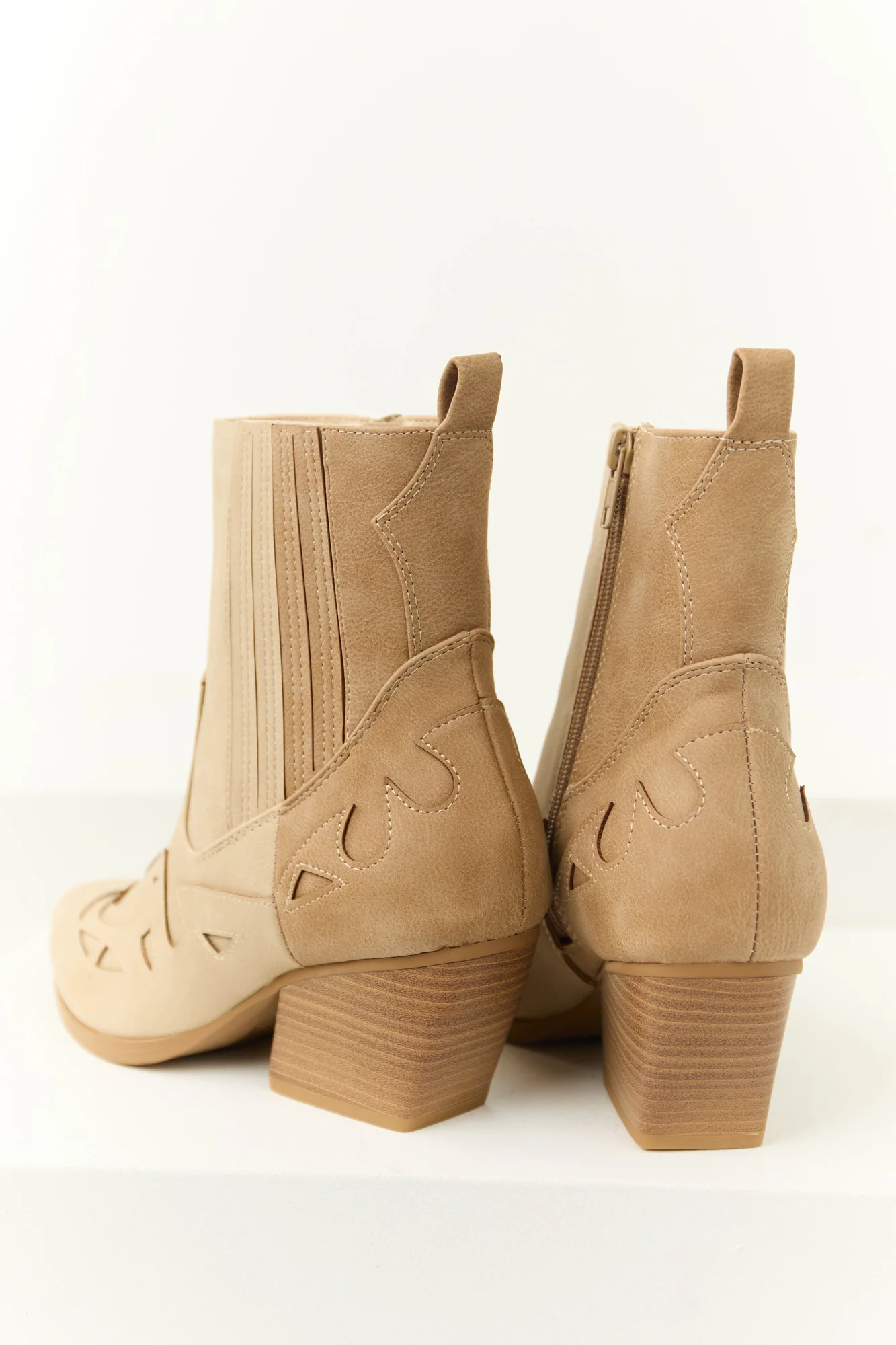 Latte Colorblock Western Ankle Boots - Faux Leather