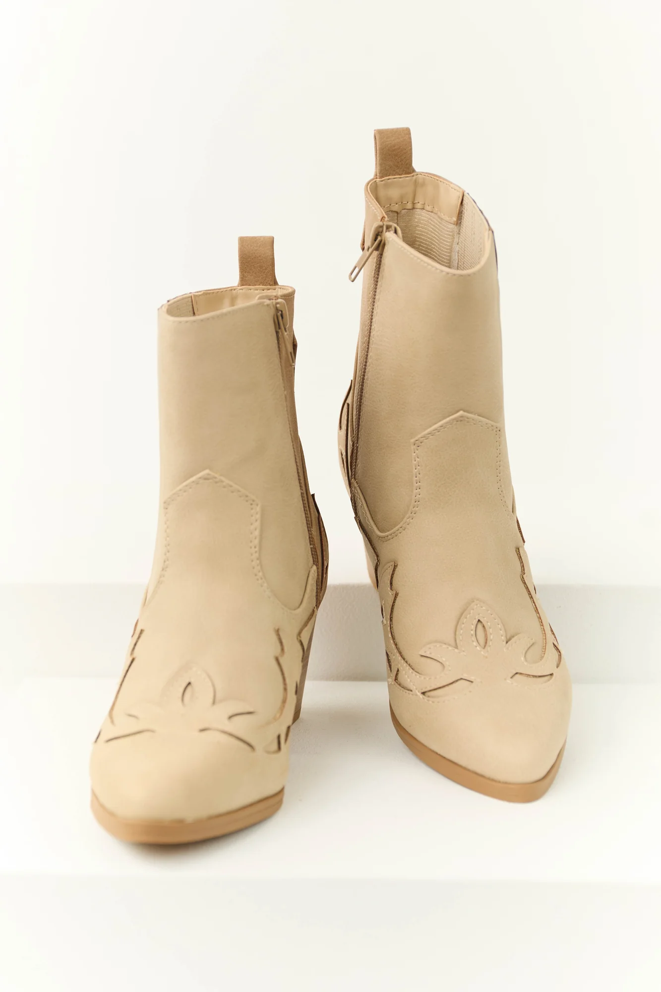 Latte Colorblock Western Ankle Boots - Faux Leather
