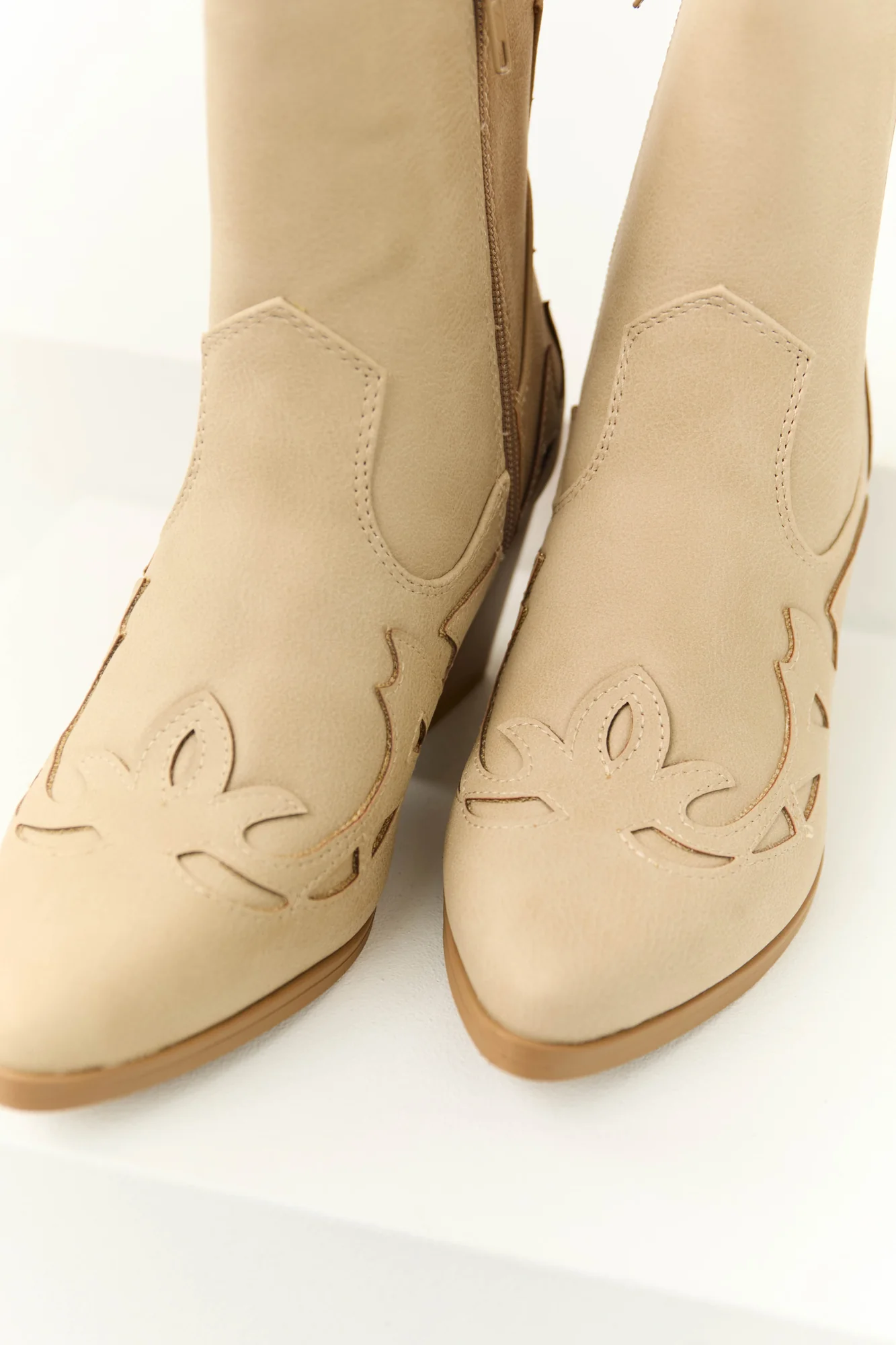 Latte Colorblock Western Ankle Boots - Faux Leather