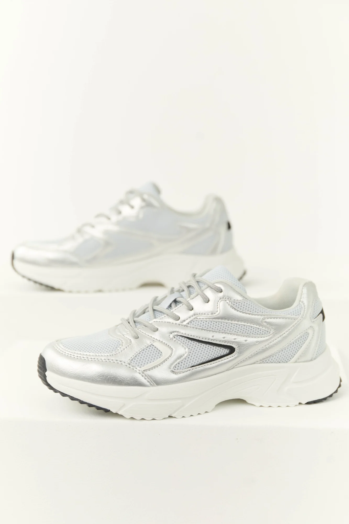 Silver Elastic Sneakers with Mesh Details