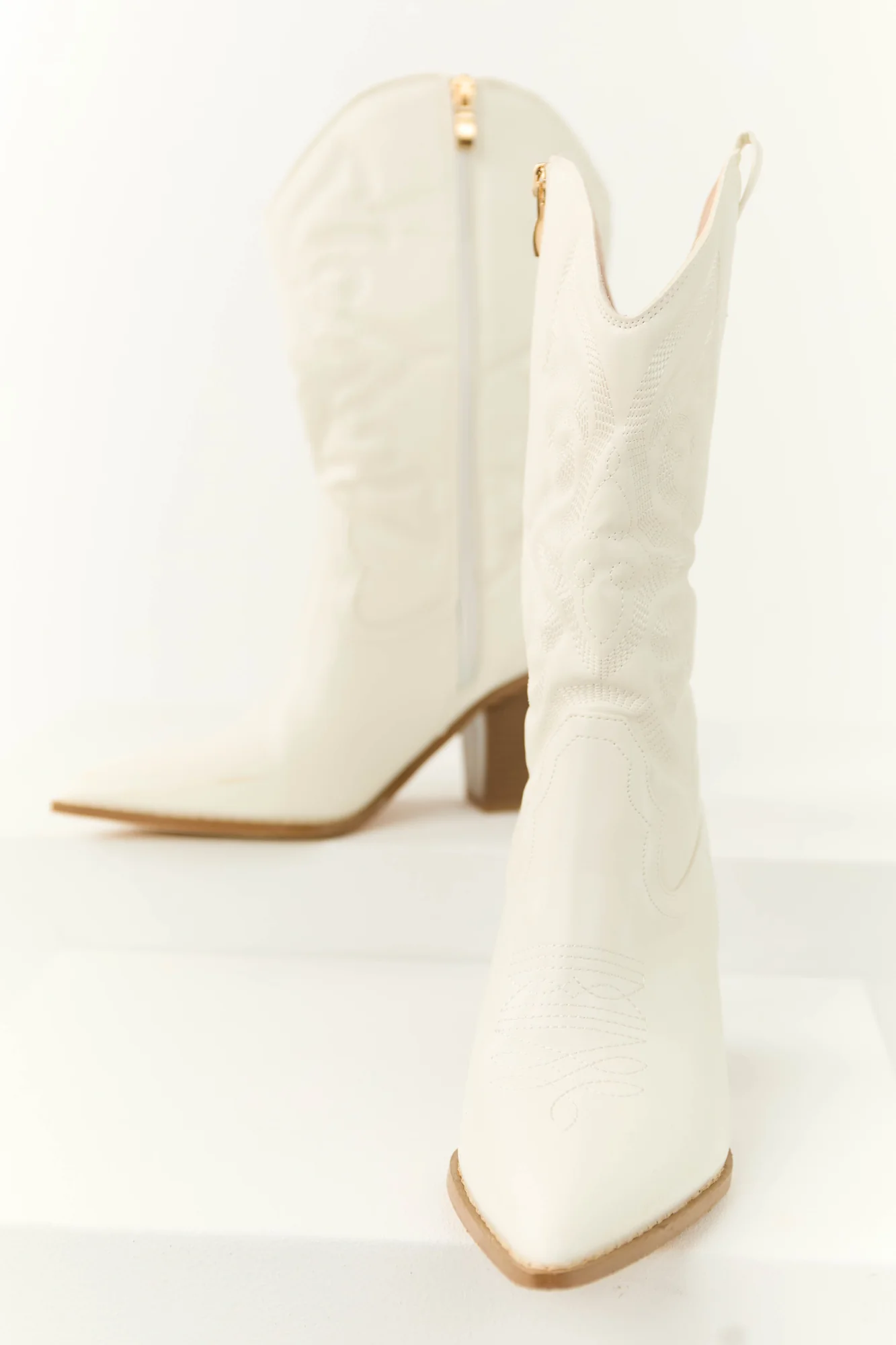 Ivory Embroidered Western Mid-Calf Boots
