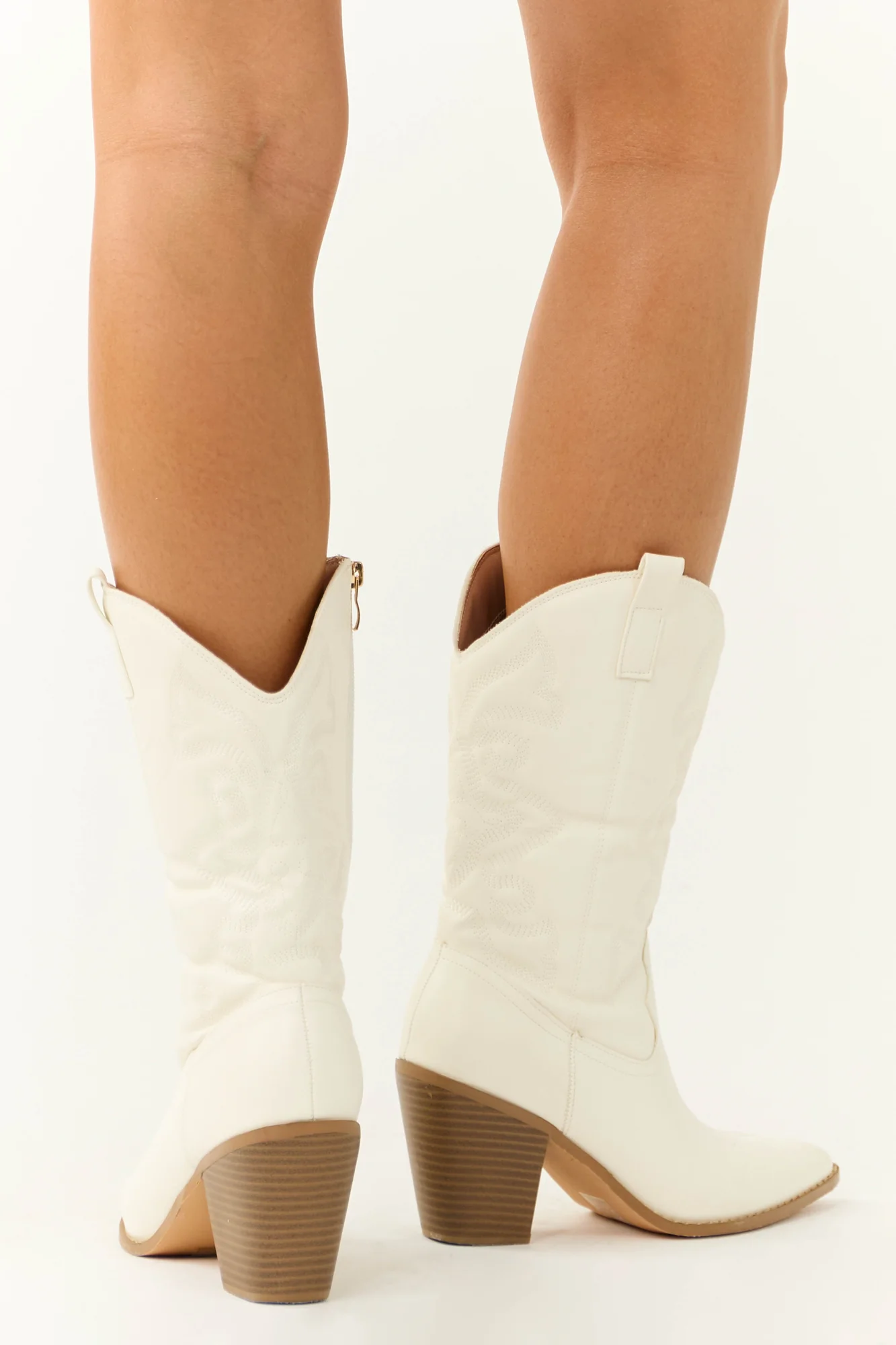 Ivory Embroidered Western Mid-Calf Boots