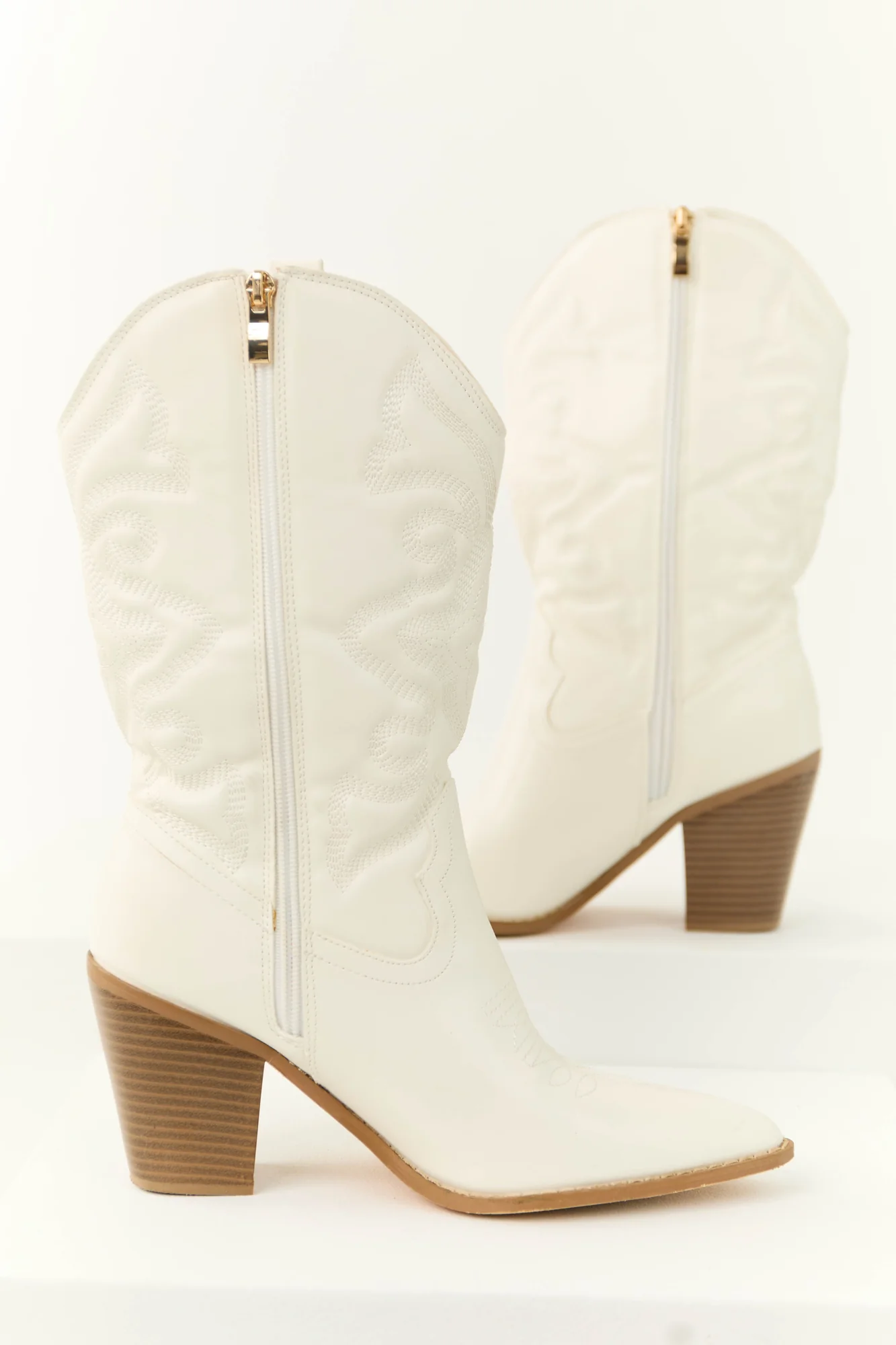 Ivory Embroidered Western Mid-Calf Boots