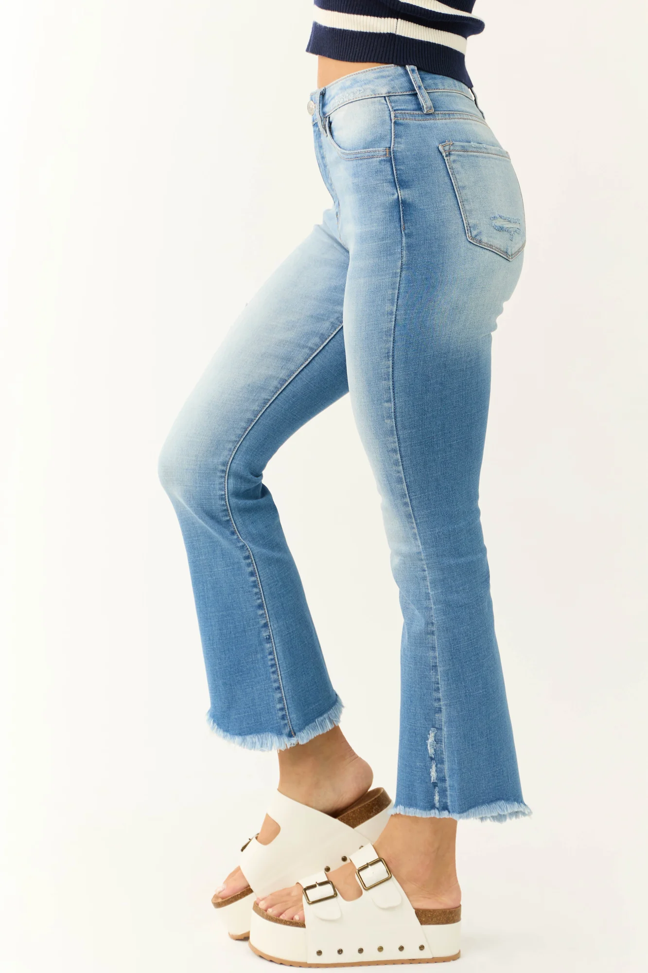 Light Wash Raw Hem High Rise Cropped Flare Jeans