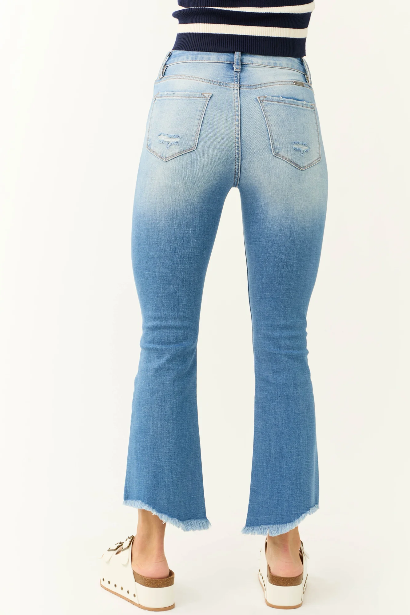 Light Wash Raw Hem High Rise Cropped Flare Jeans
