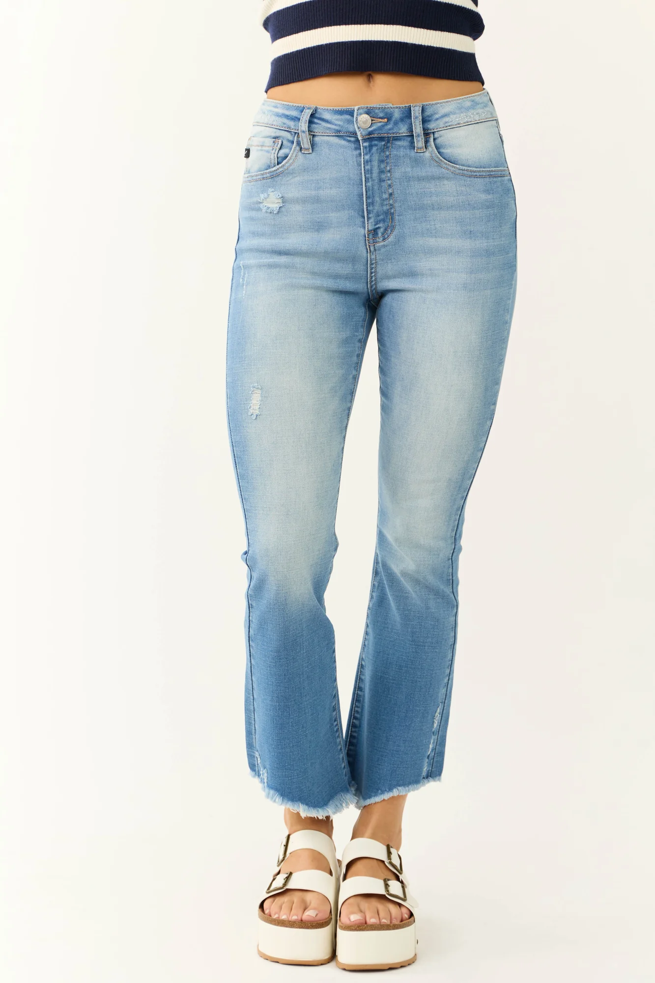 Light Wash Raw Hem High Rise Cropped Flare Jeans