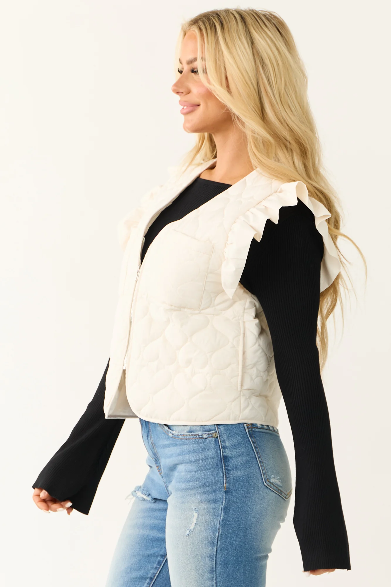 Cream Quilted Puffer Vest with Ruffle Straps