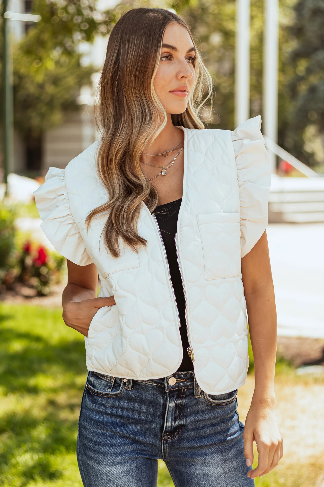 Cream Quilted Puffer Vest with Ruffle Straps