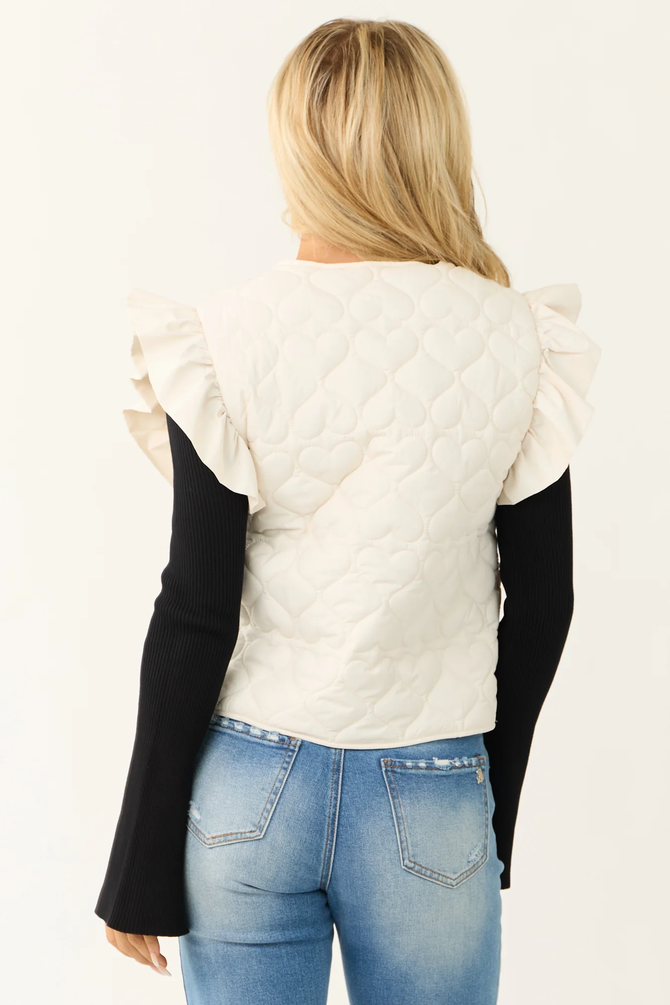 Cream Quilted Puffer Vest with Ruffle Straps