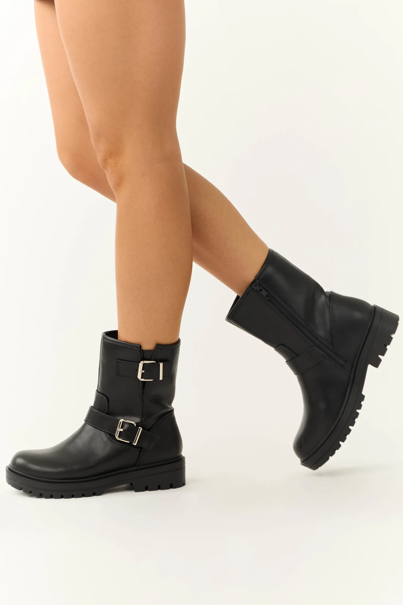 Womens Black Double Buckle Ankle Boots