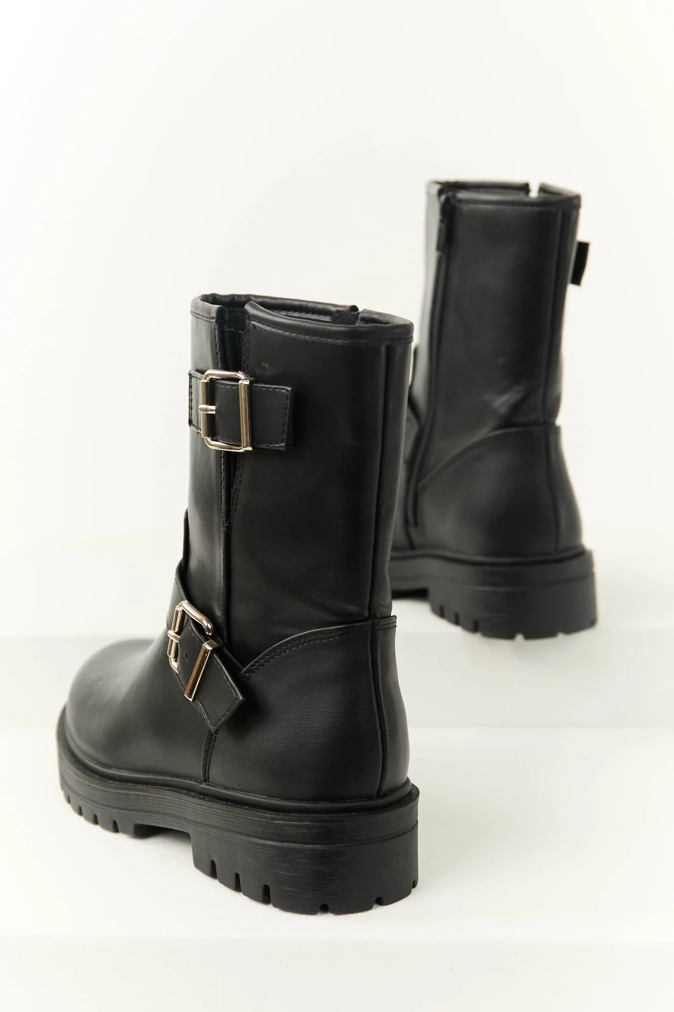 Womens Black Double Buckle Ankle Boots