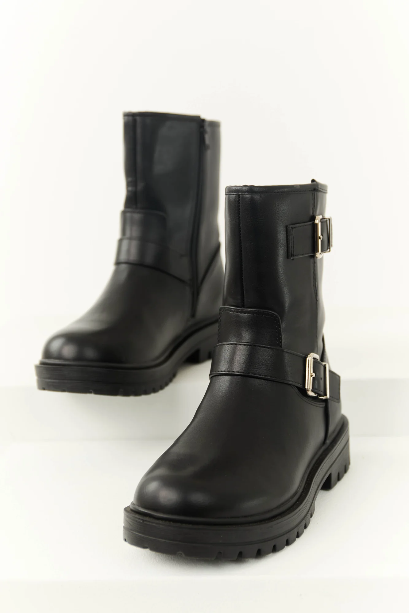 Womens Black Double Buckle Ankle Boots