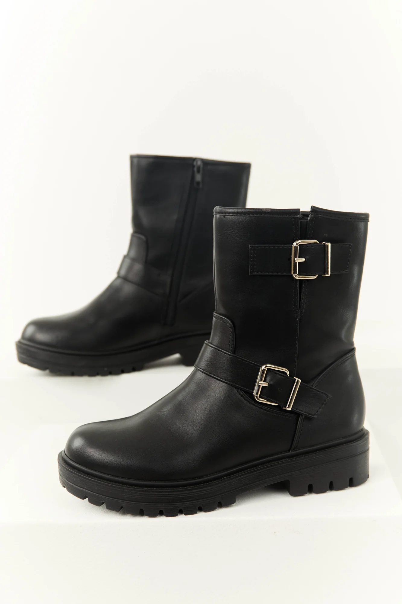 Womens Black Double Buckle Ankle Boots