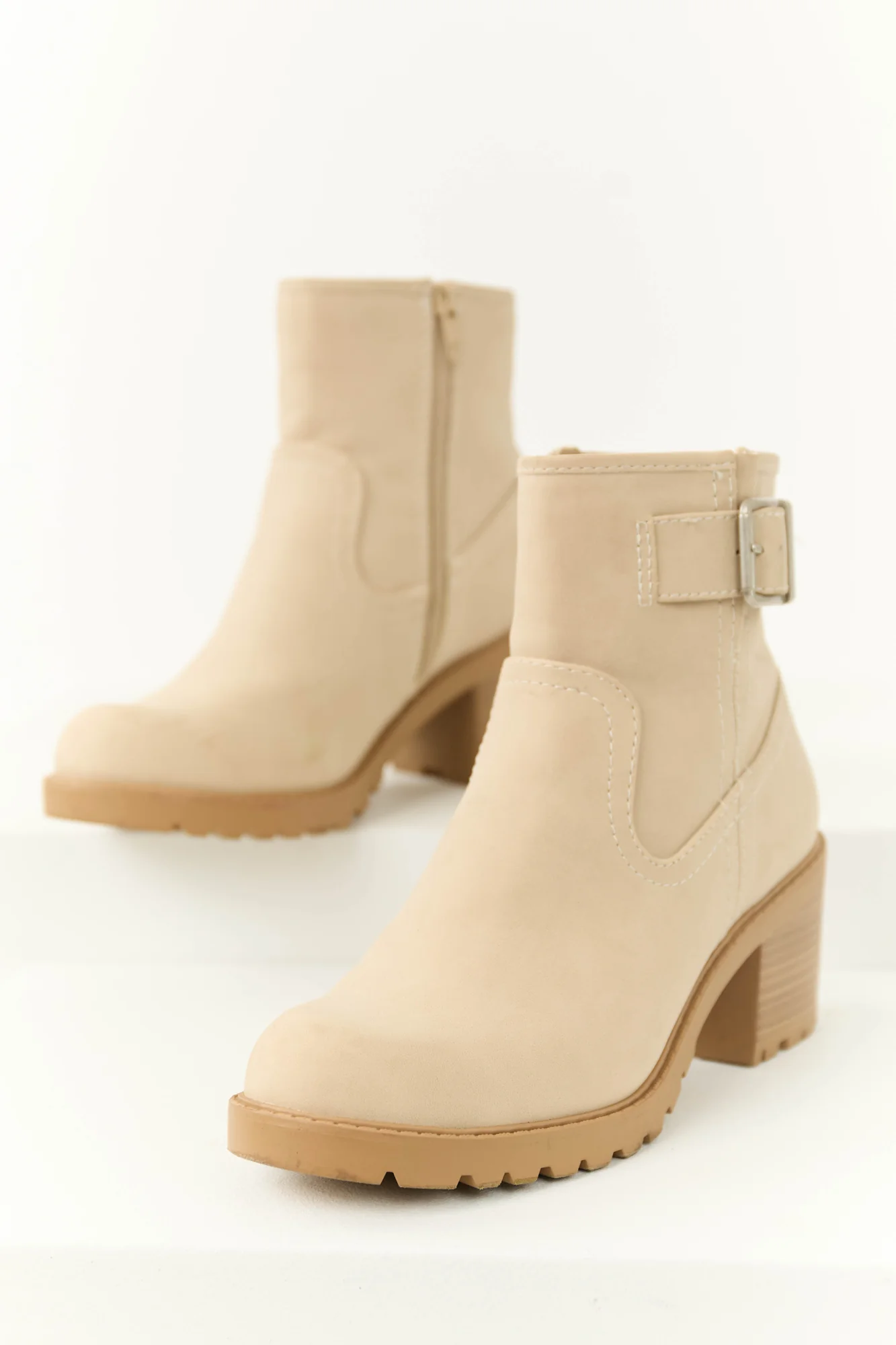Taupe Block Heel Ankle Strap Booties - Womens Fashion Shoes