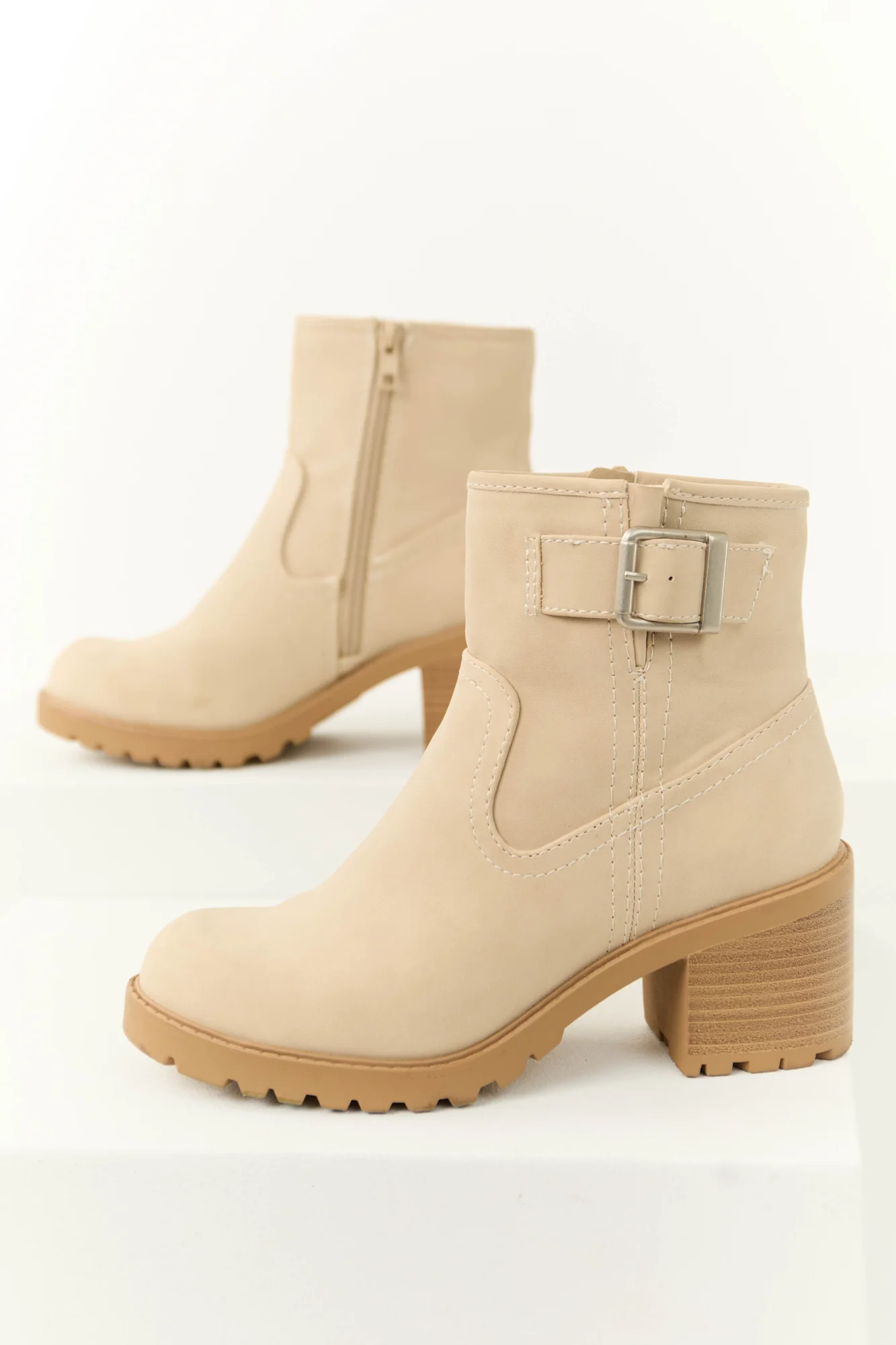 Taupe Block Heel Ankle Strap Booties - Womens Fashion Shoes
