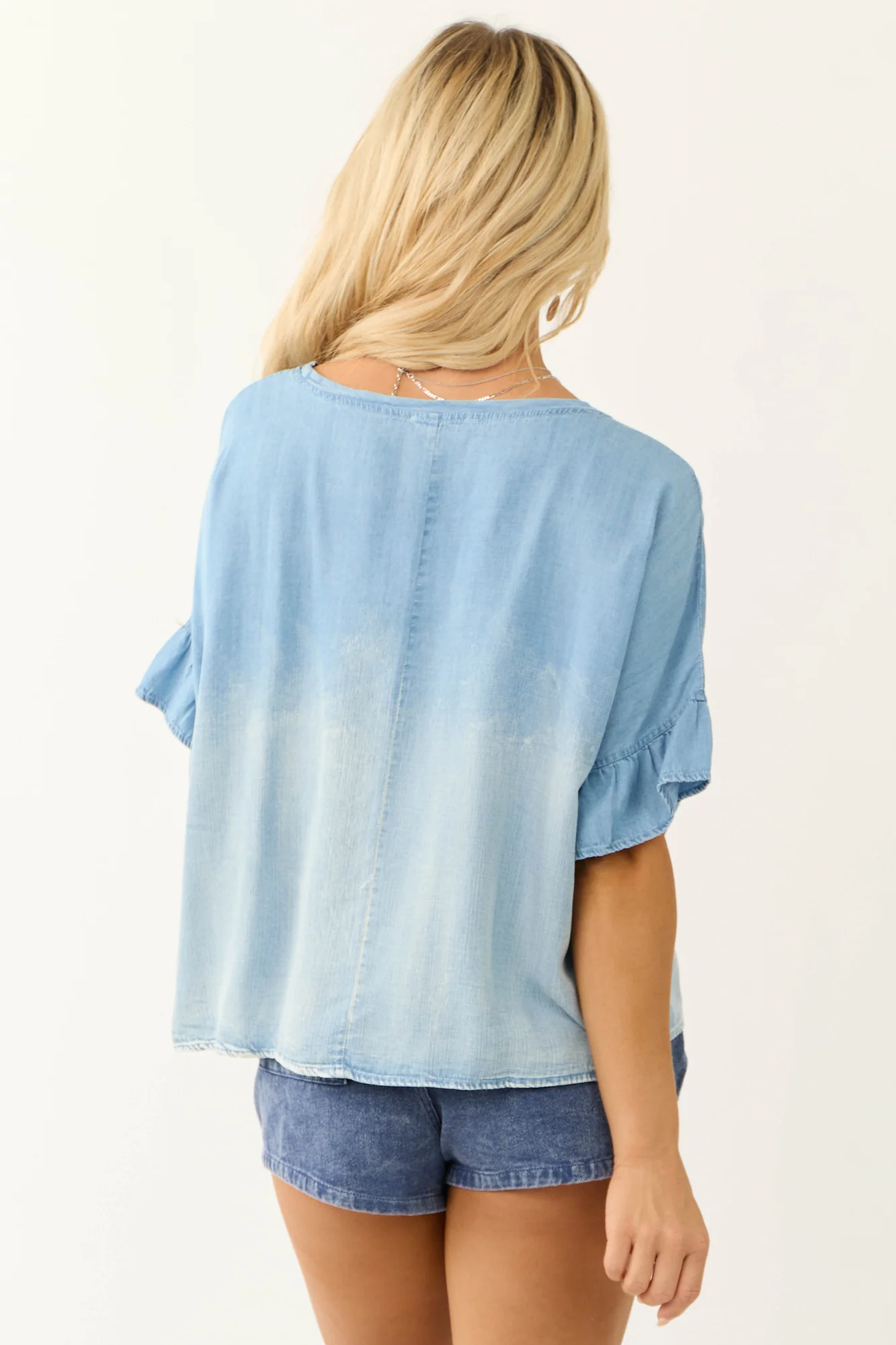 Powder Blue Chambray Oversized Half Sleeve Top