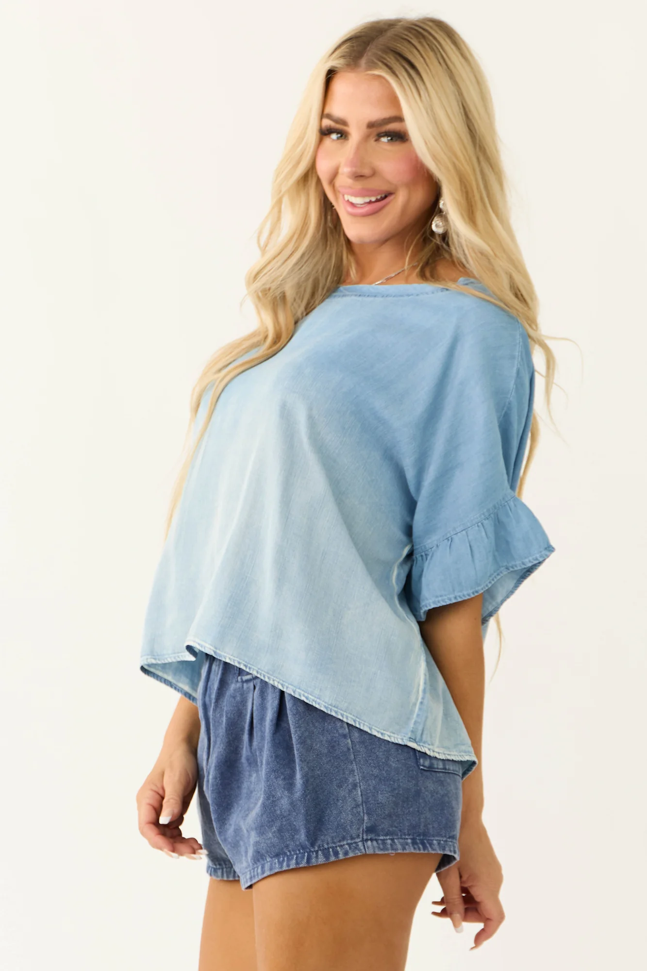 Powder Blue Chambray Oversized Half Sleeve Top