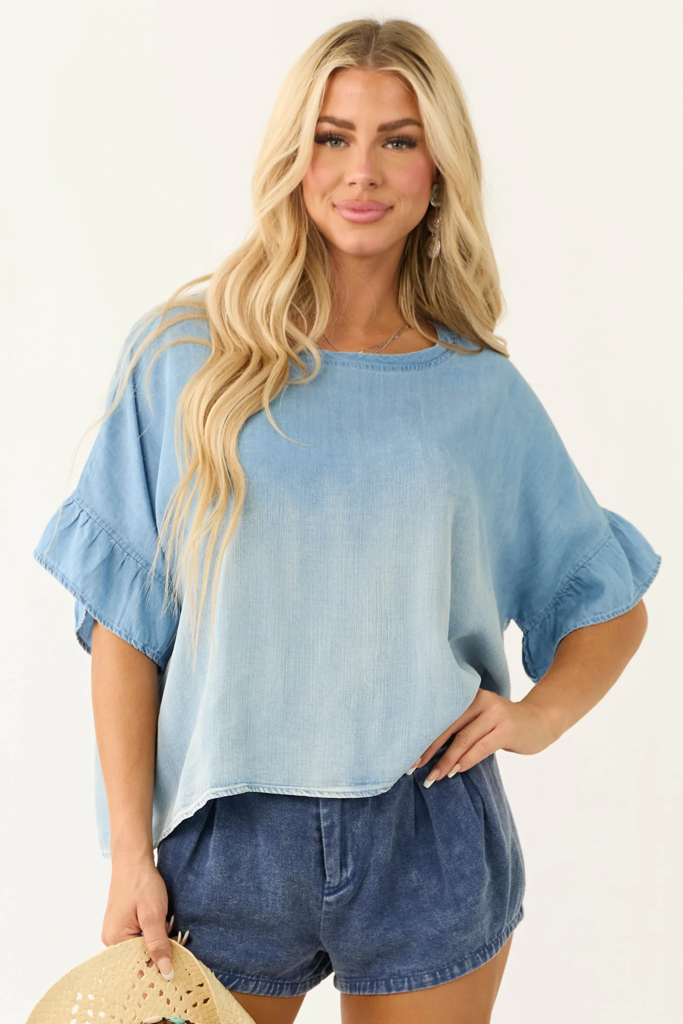 Powder Blue Chambray Oversized Half Sleeve Top