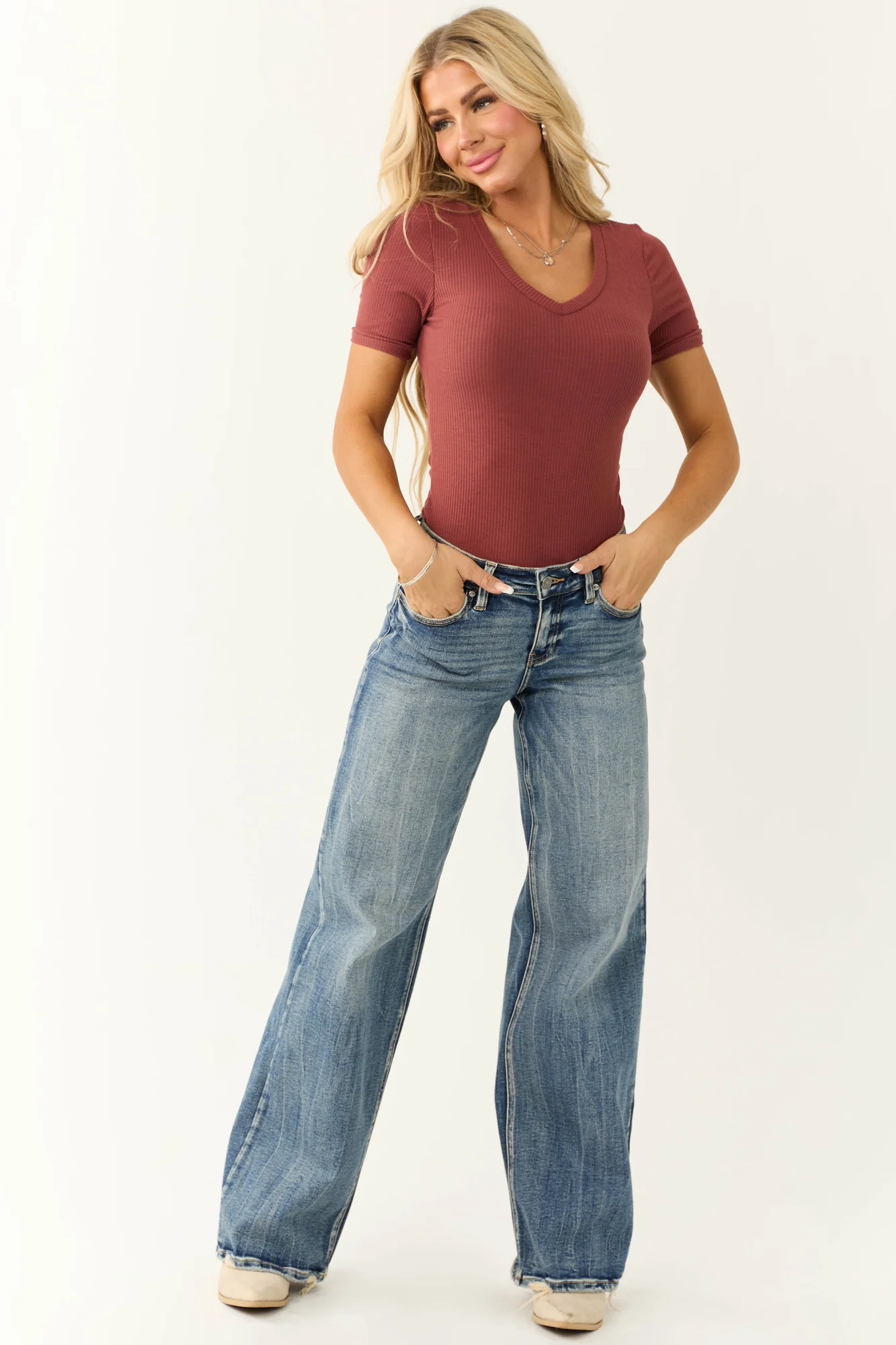 Marsala Ribbed Knit V-Neck Bodysuit - Stretchy Cheeky Cut