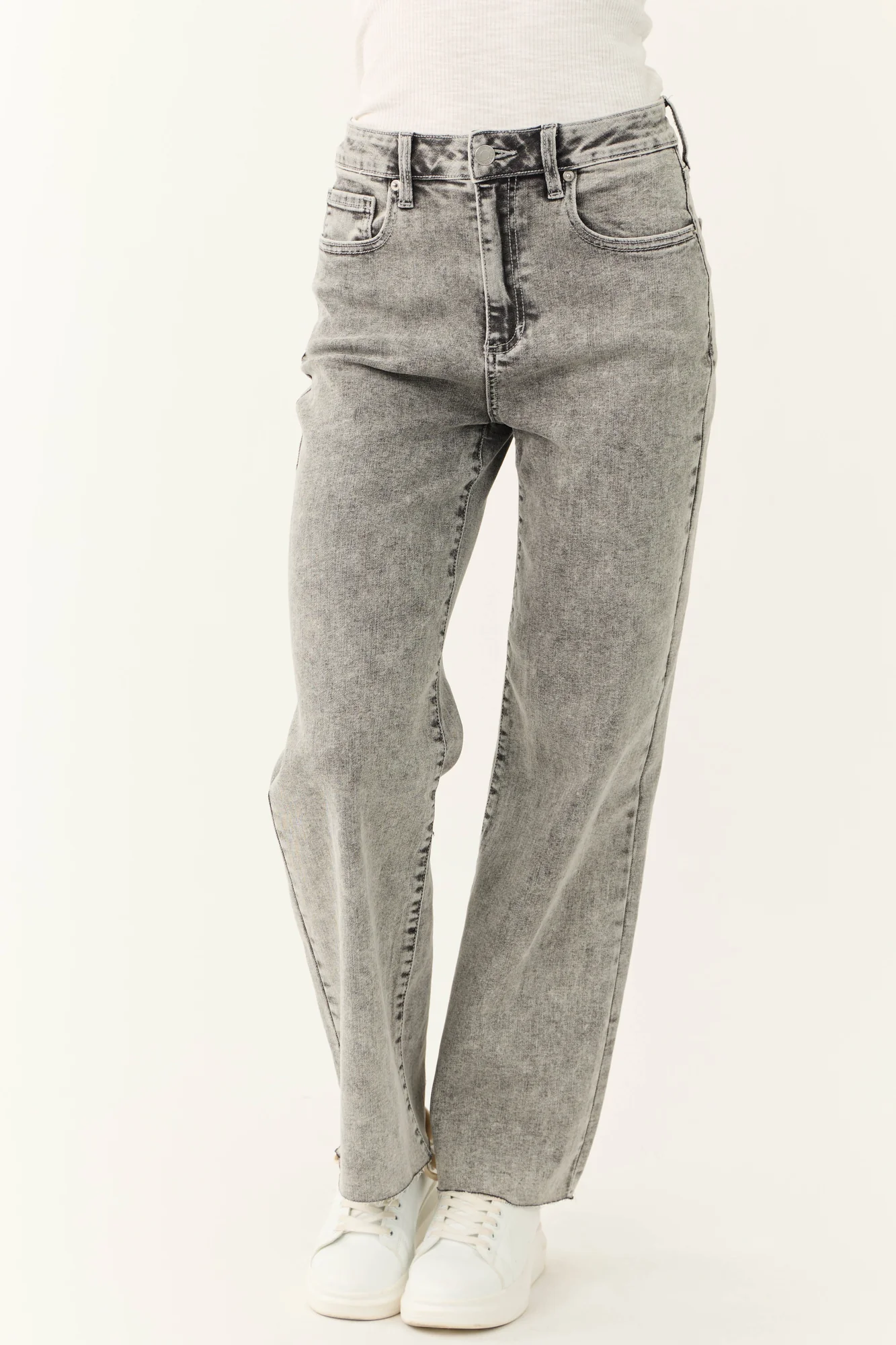 Light Grey Acid Wash Wide Leg Jeans for Women - High Rise, Ankle Length