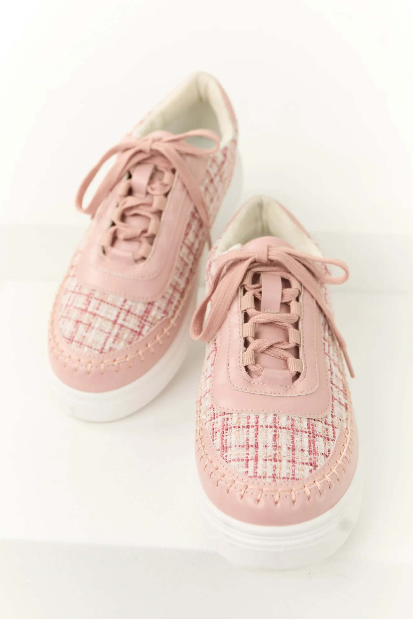 Chunky Lace Up Sneakers in Dusty Blush Plaid Tweed