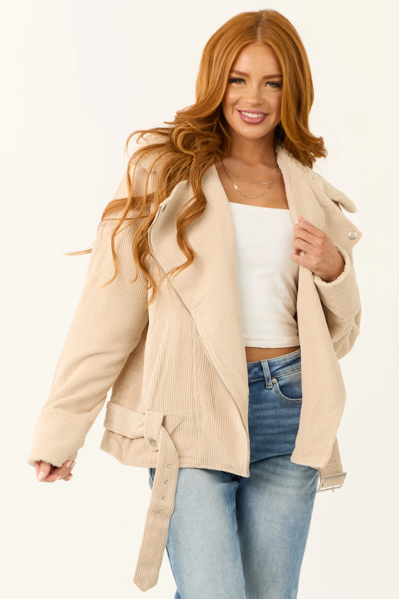 Asymmetrical Corduroy Jacket with Fleece Collar