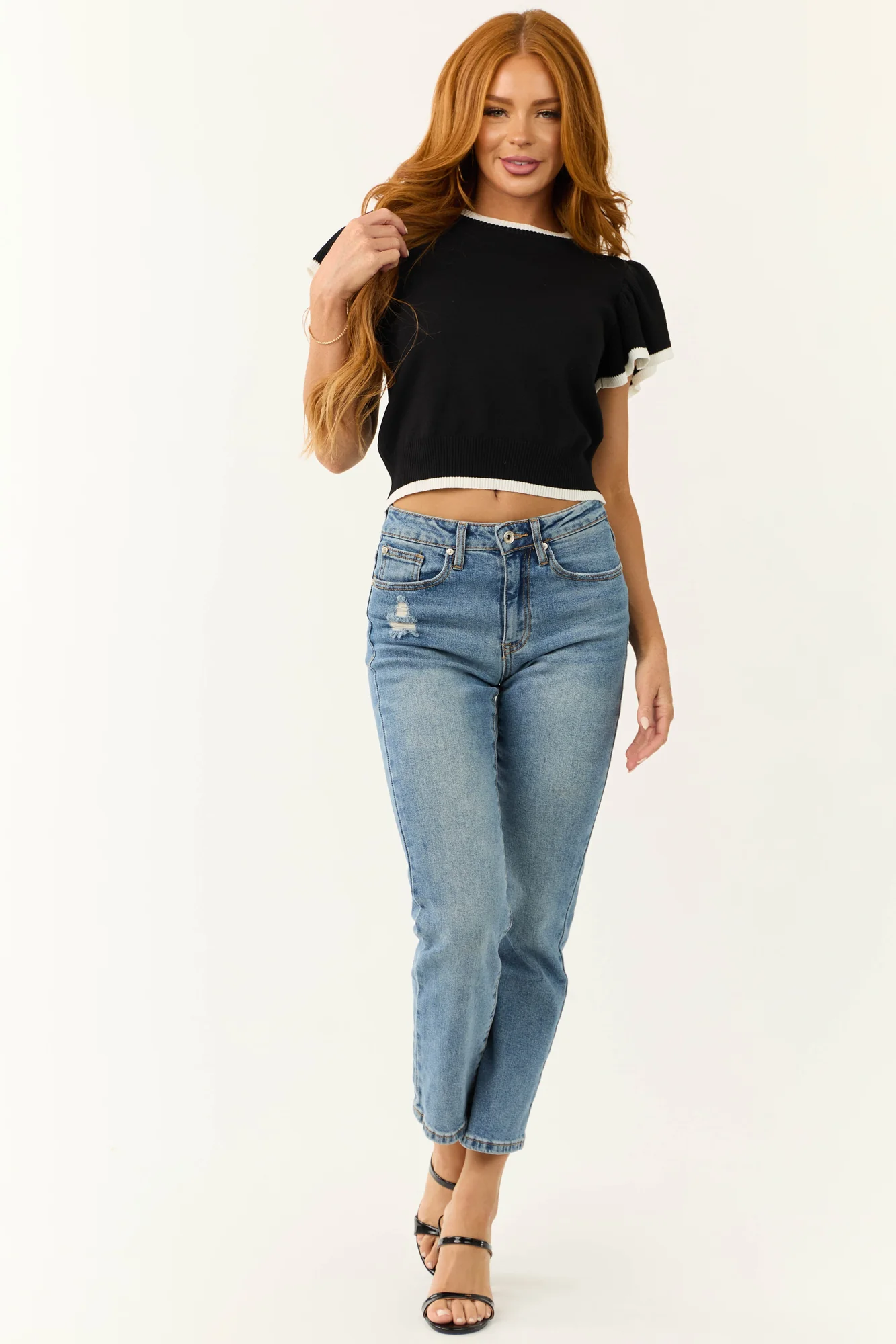 Black Ribbed Knit Ruffle Sleeve Sweater