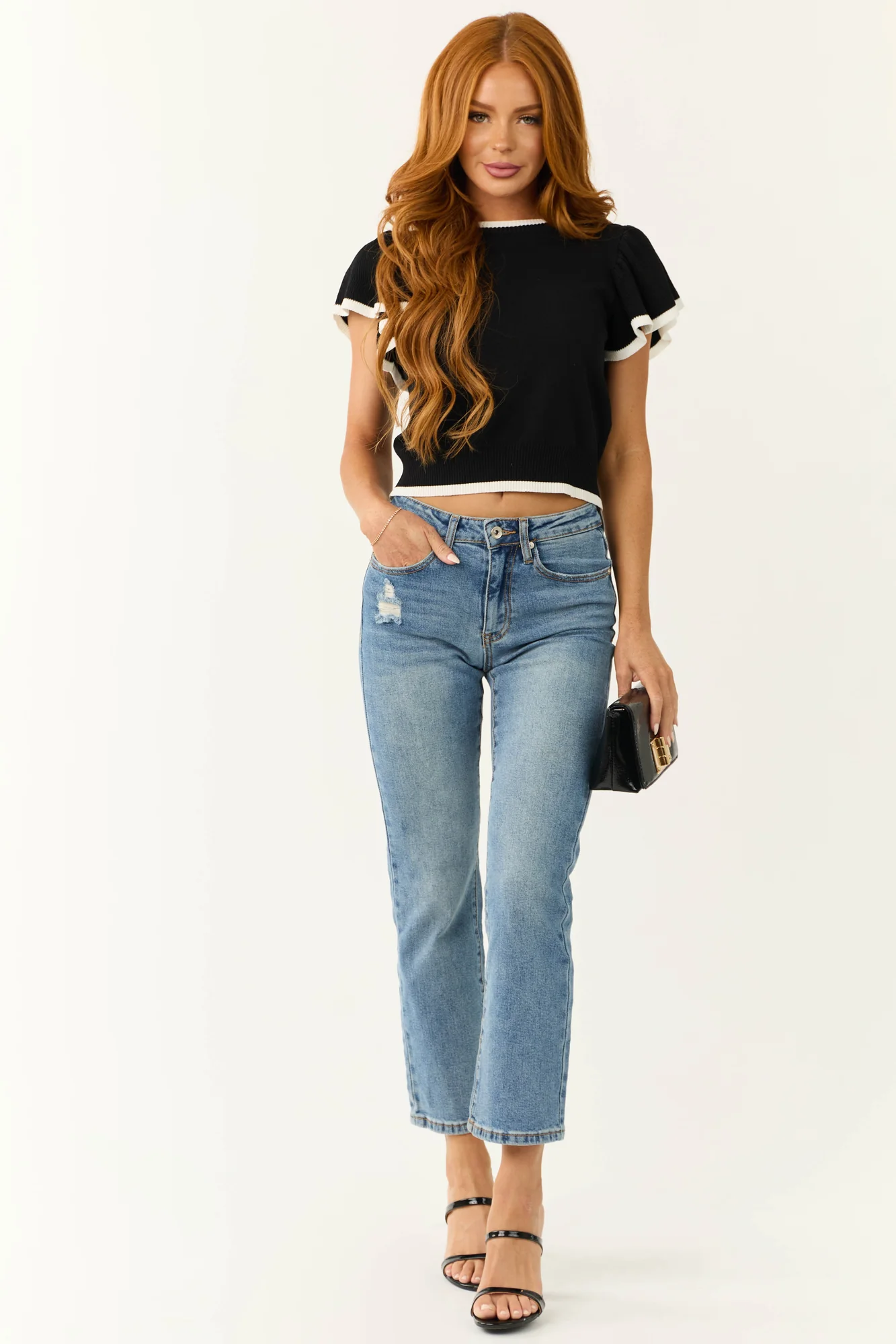 Black Ribbed Knit Ruffle Sleeve Sweater