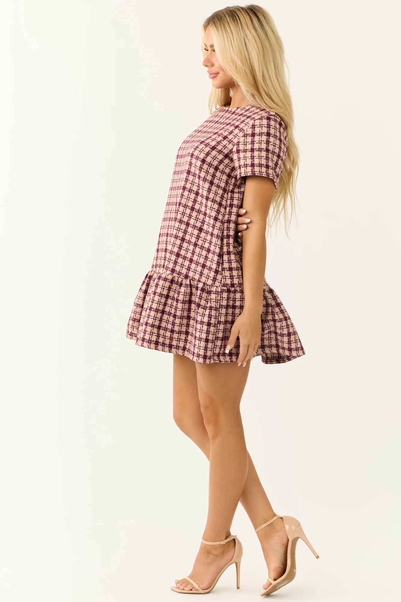 Short Sleeve Plaid Tweed Shift Dress - Beige and Plum