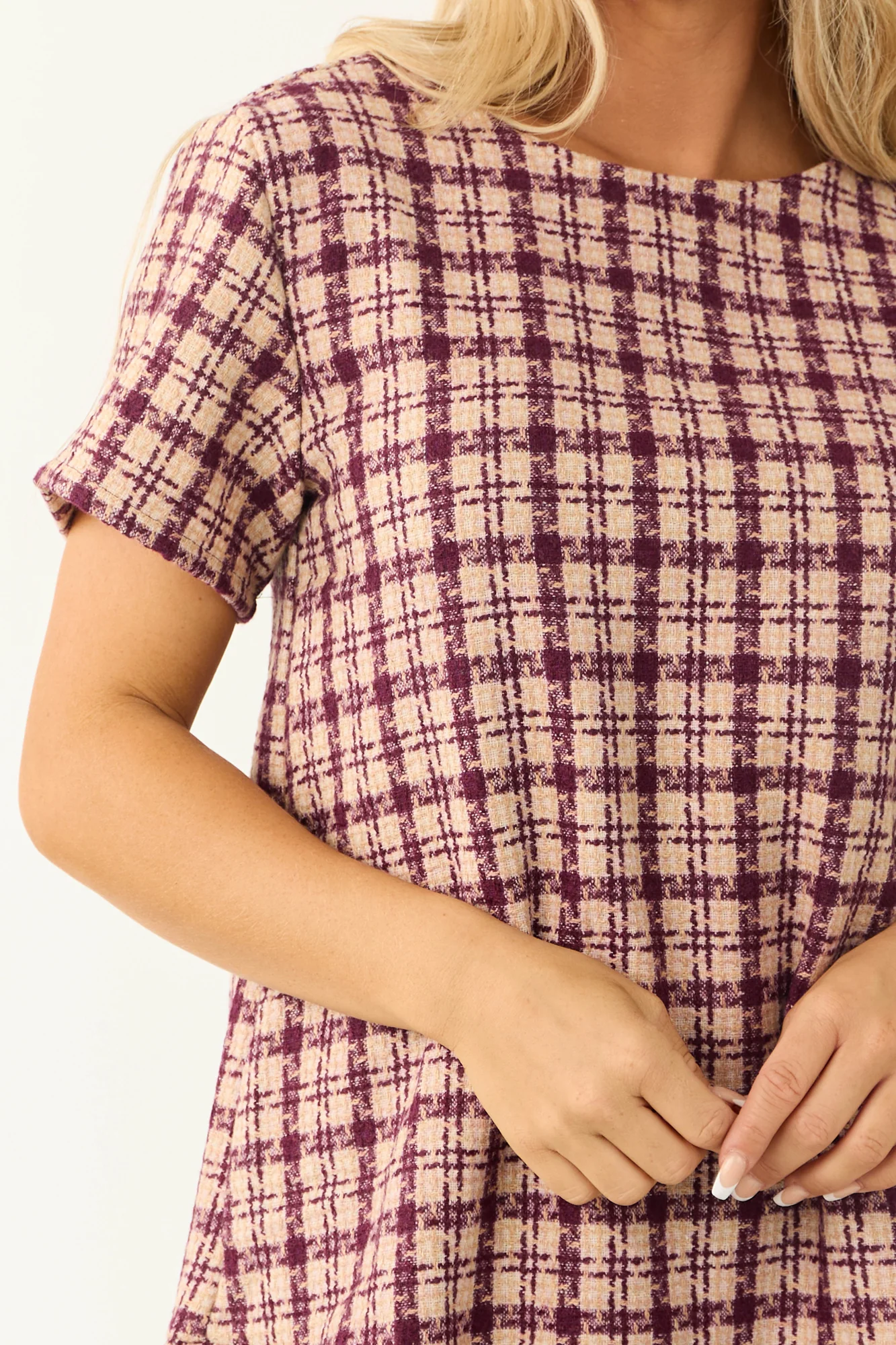 Short Sleeve Plaid Tweed Shift Dress - Beige and Plum
