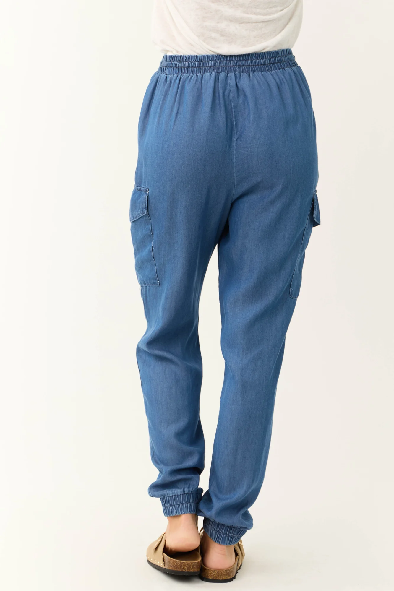 Blue Smocked Waistband Cargo Joggers