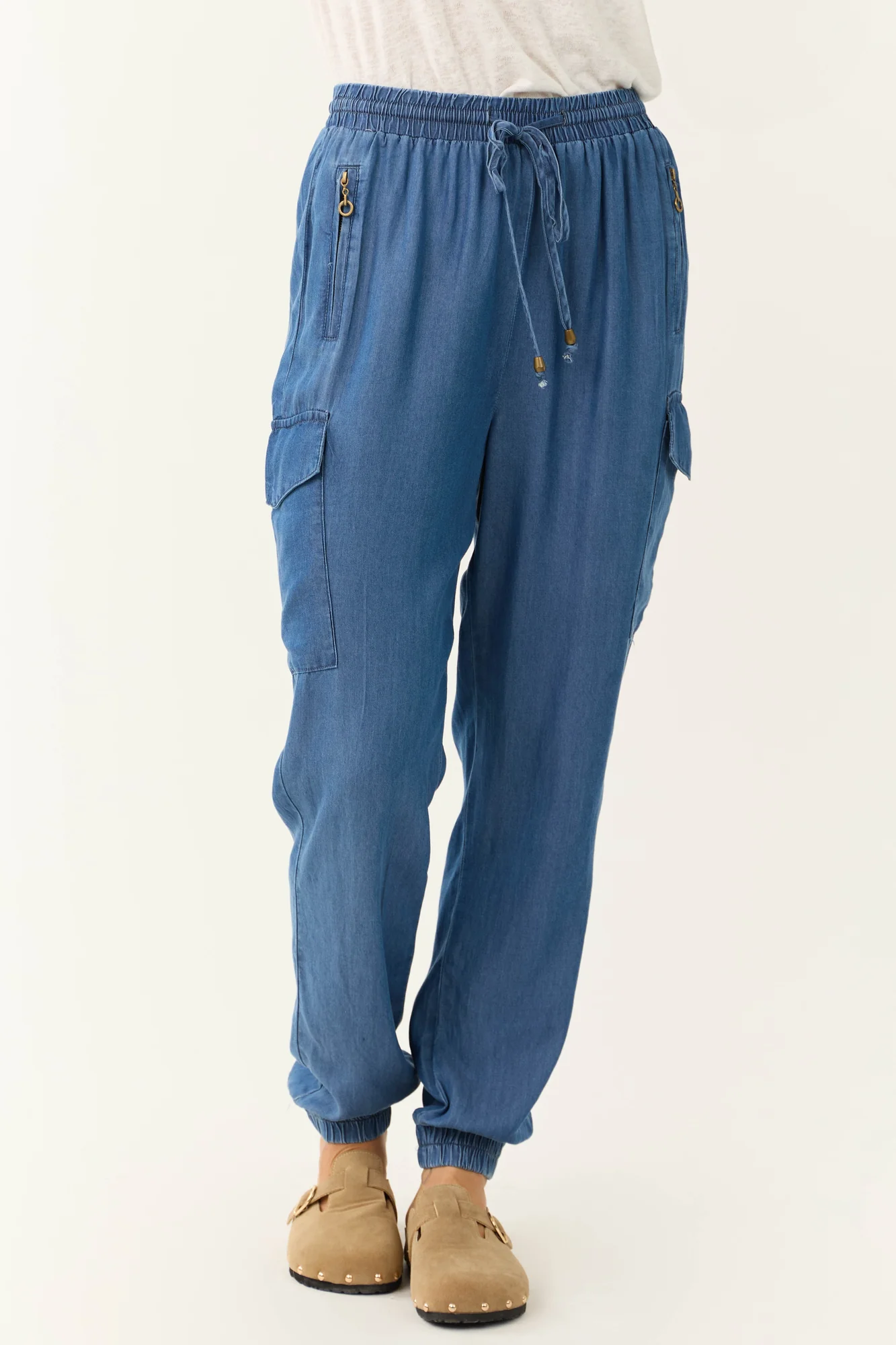 Blue Smocked Waistband Cargo Joggers
