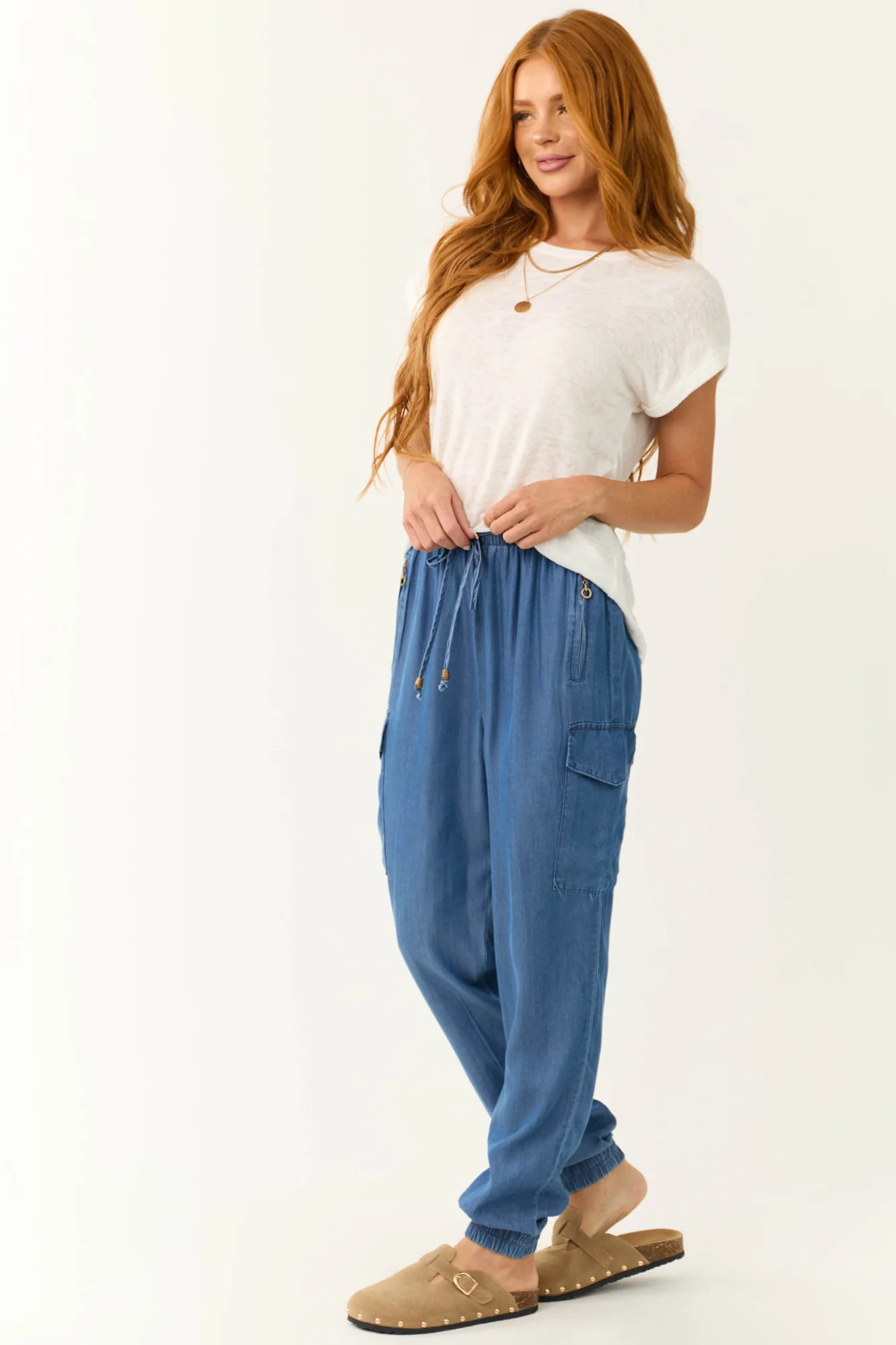 Blue Smocked Waistband Cargo Joggers