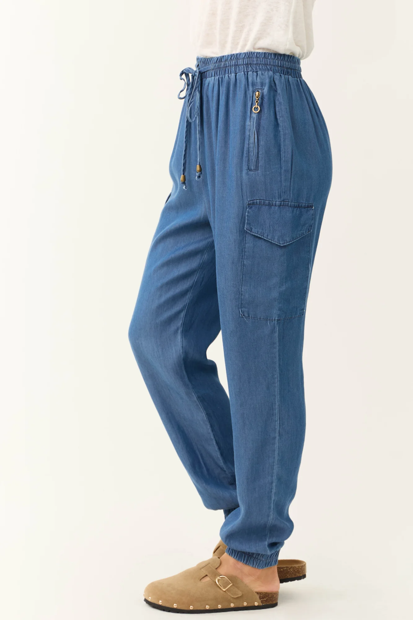 Blue Smocked Waistband Cargo Joggers