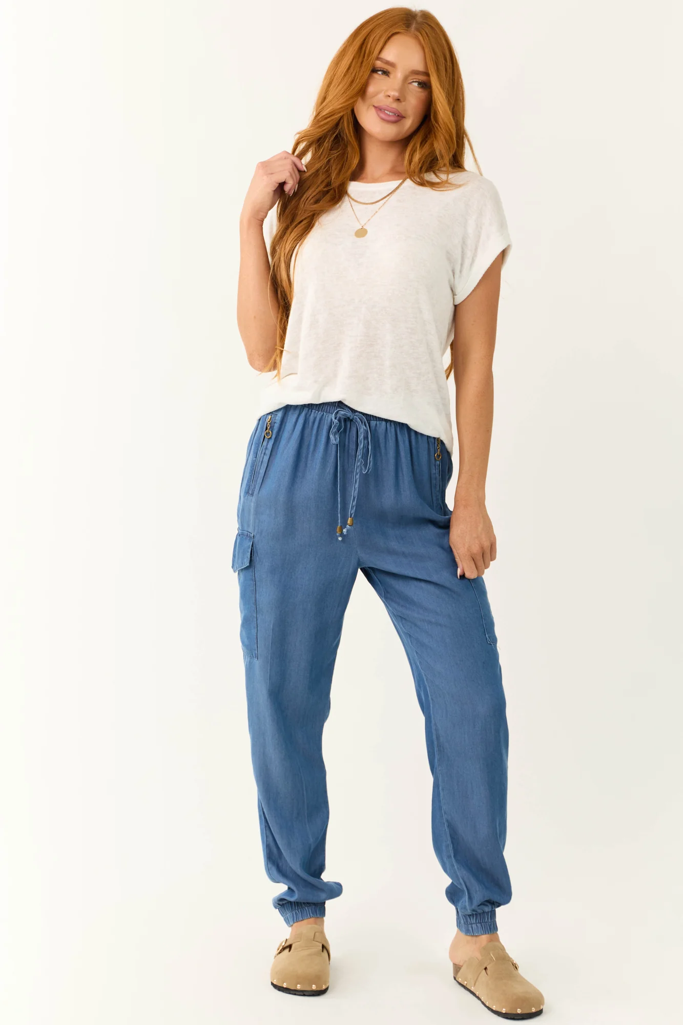 Blue Smocked Waistband Cargo Joggers