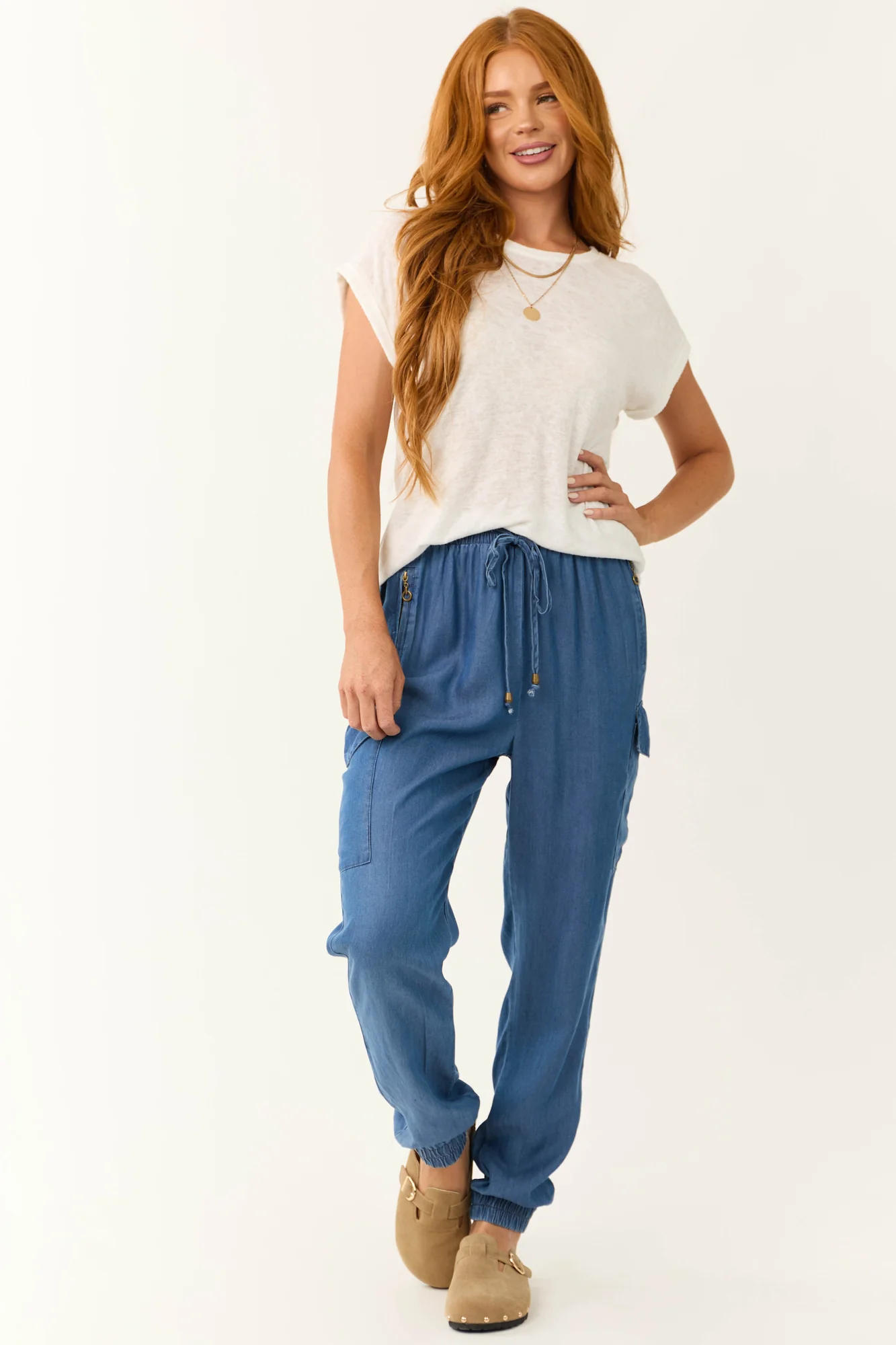 Blue Smocked Waistband Cargo Joggers