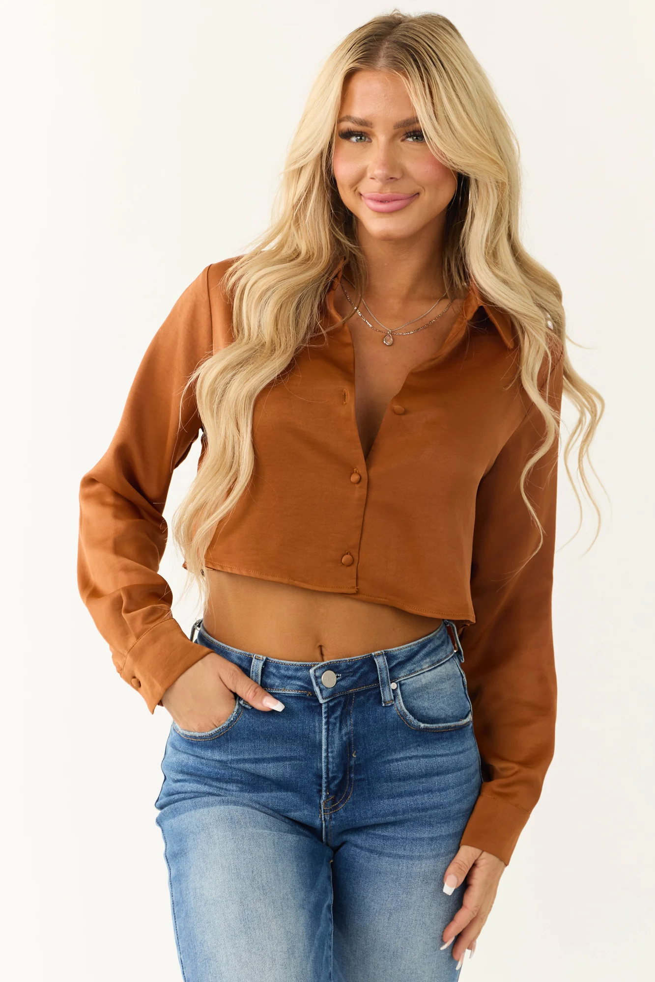 Silky Spice Button Up Cropped Long Sleeve Top